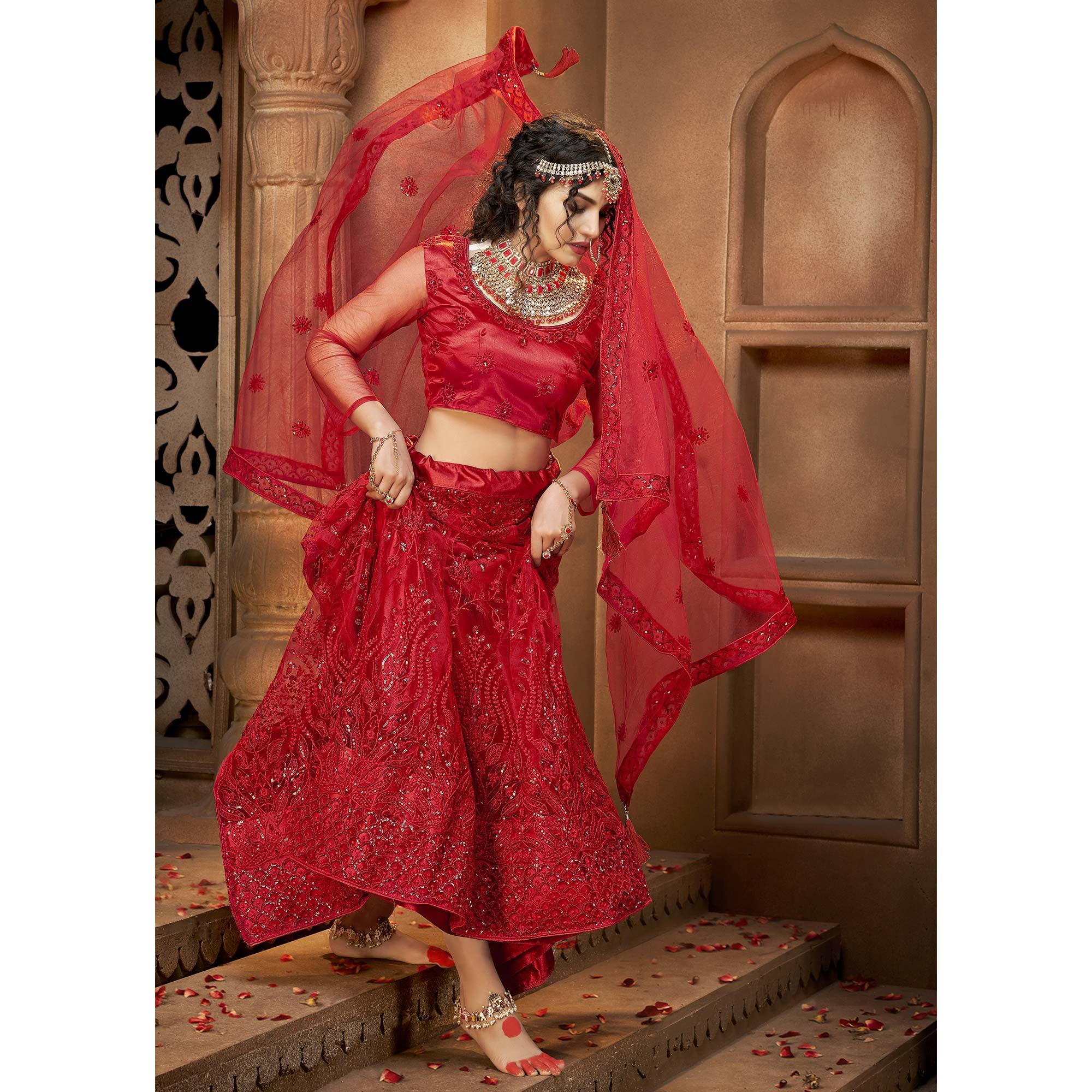 Red Partywear Multi Sequence Embroidered Net Lehenga Choli - Peachmode