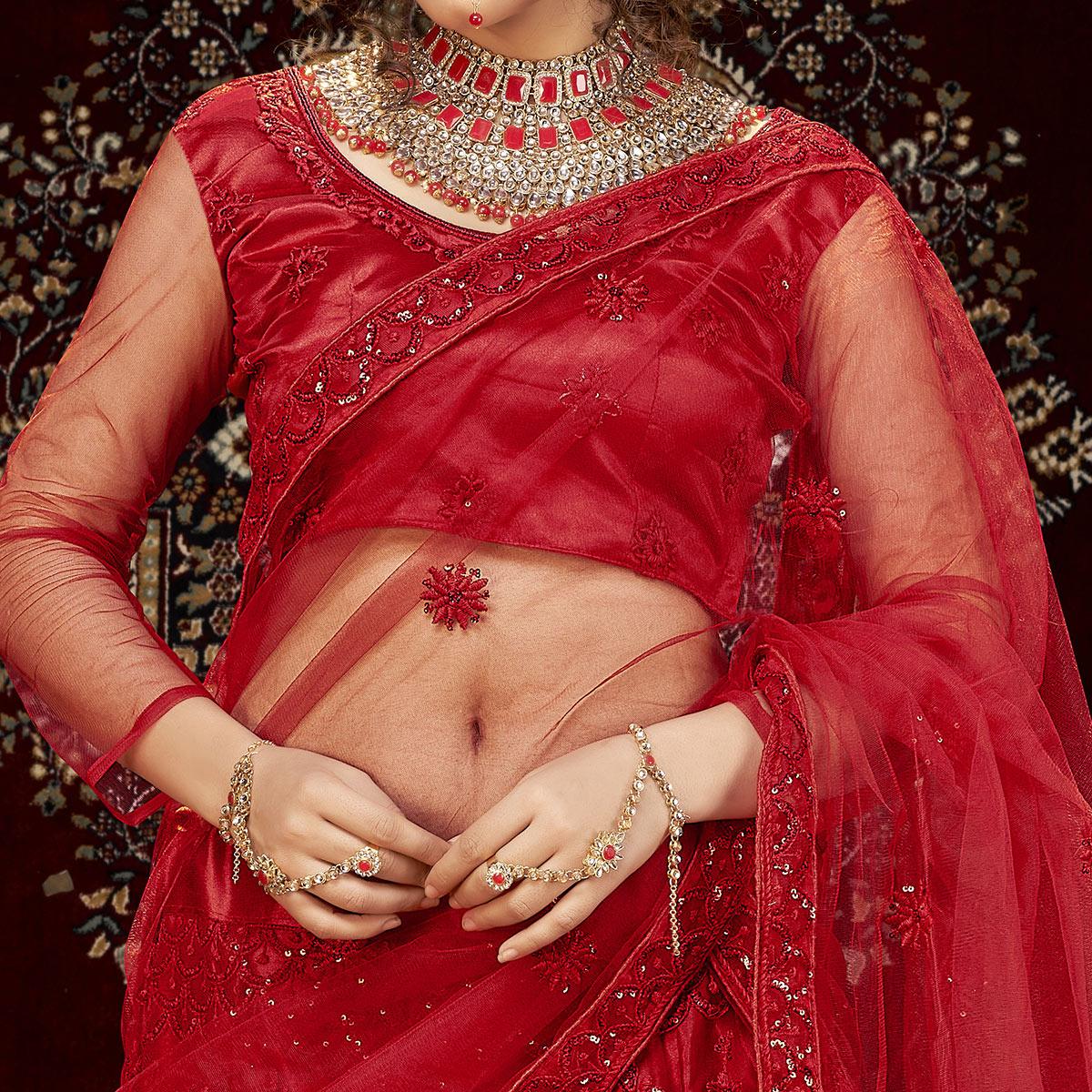 Red Partywear Multi Sequence Embroidered Net Lehenga Choli - Peachmode