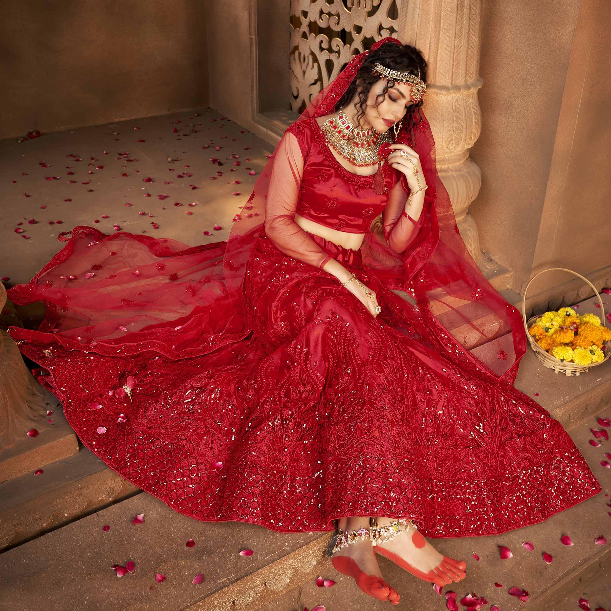 Red Partywear Multi Sequence Embroidered Net Lehenga Choli - Peachmode