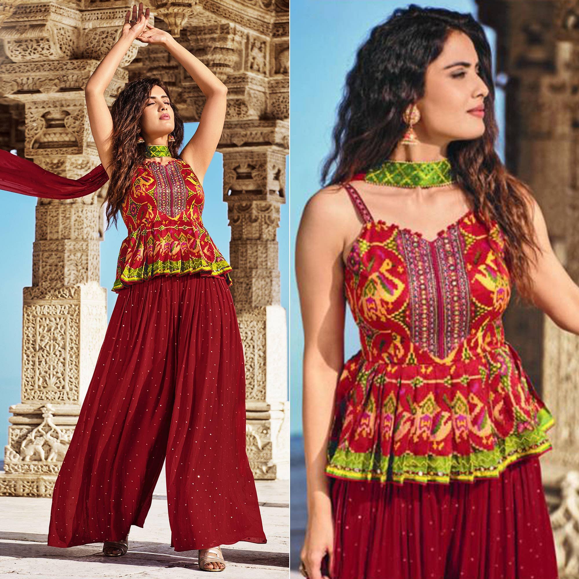 Red Partywear Patola Printed Silk Sharara Suit - Peachmode