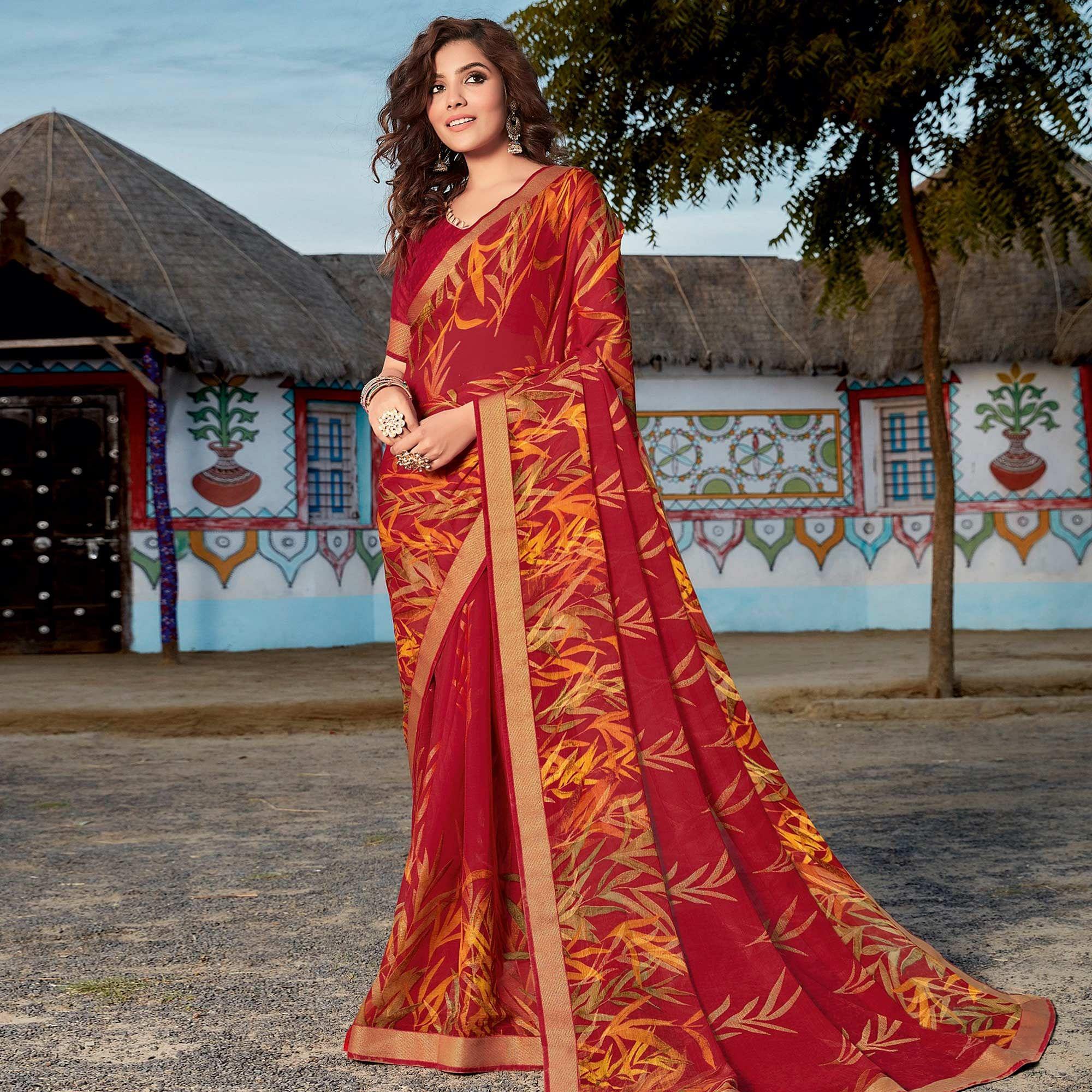 Red Partywear Printed Brasso Saree - Peachmode