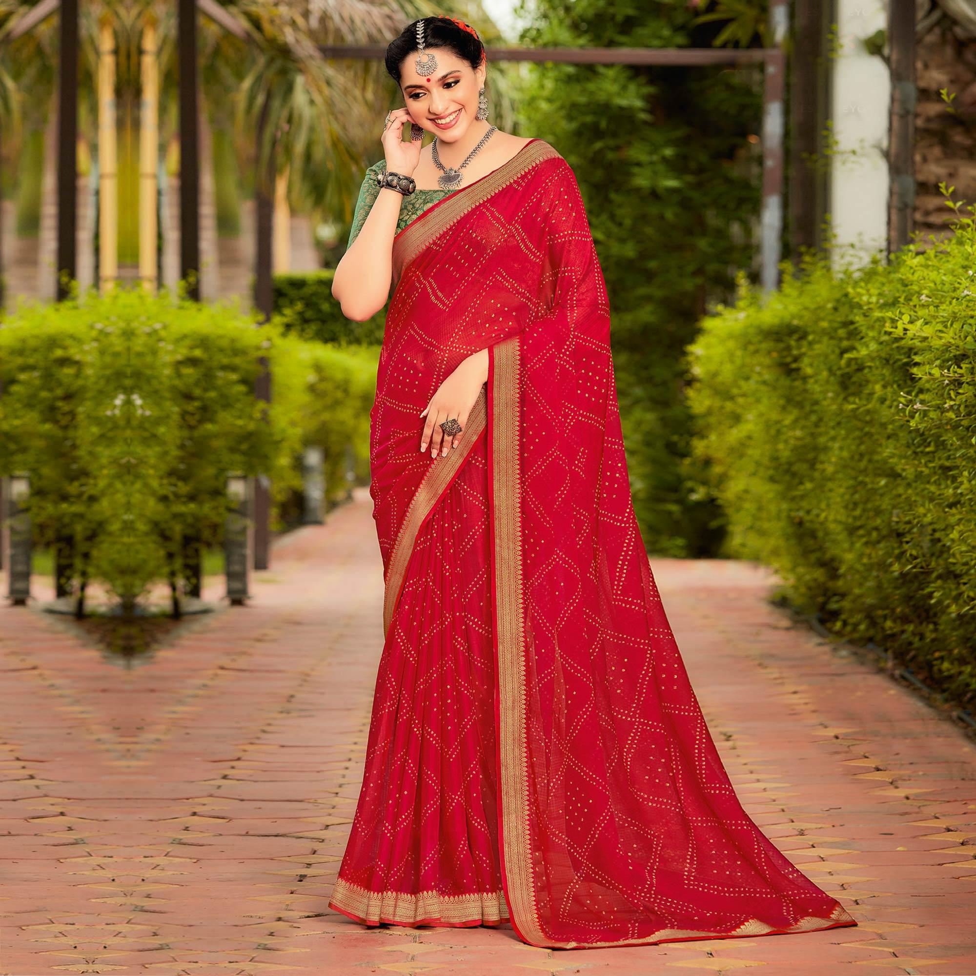 Red Partywear Printed Chiffon Saree With Border - Peachmode