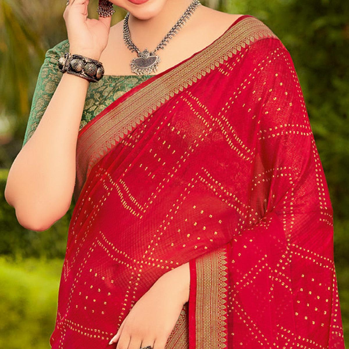 Red Partywear Printed Chiffon Saree With Border - Peachmode