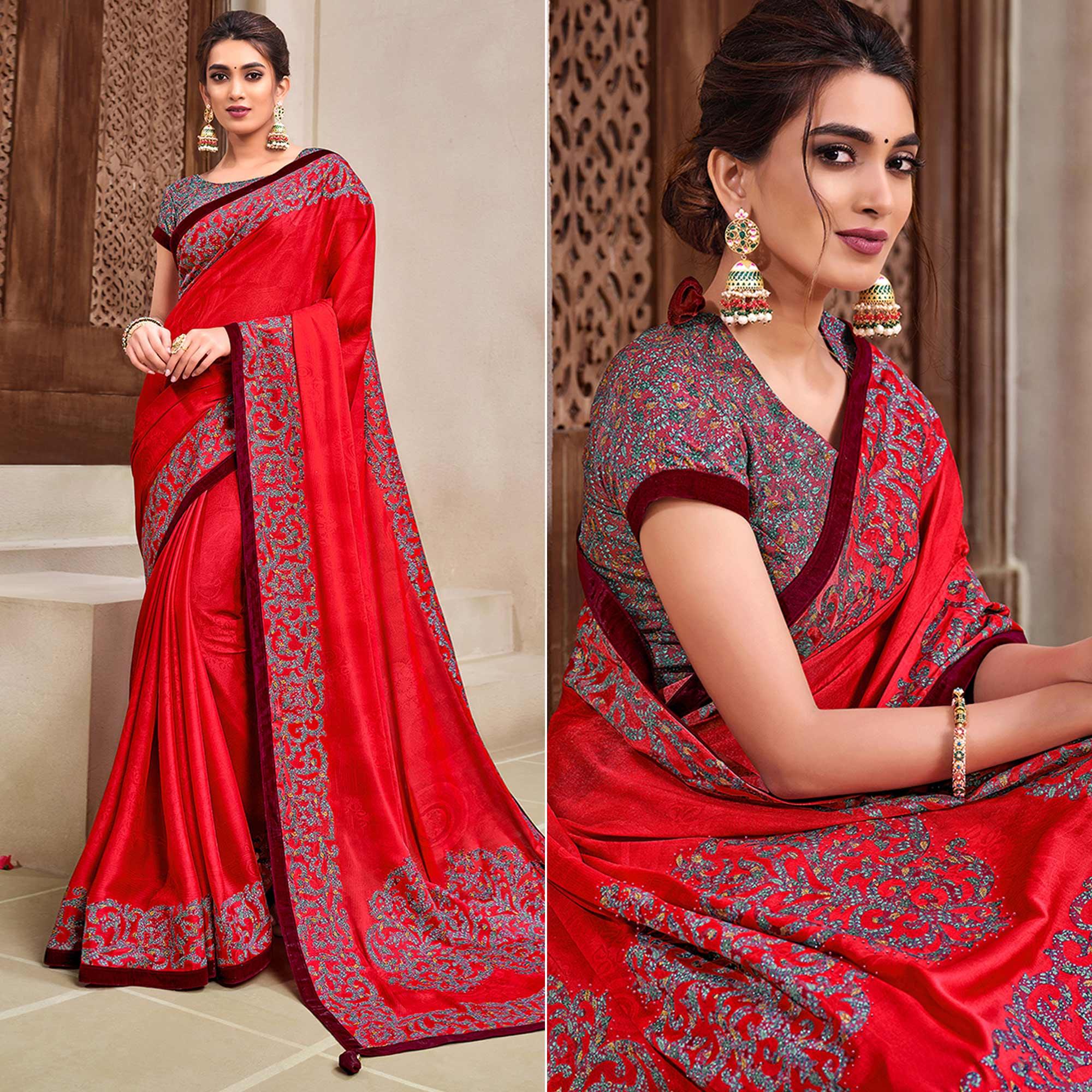 Red Partywear Printed Georgette Saree - Peachmode