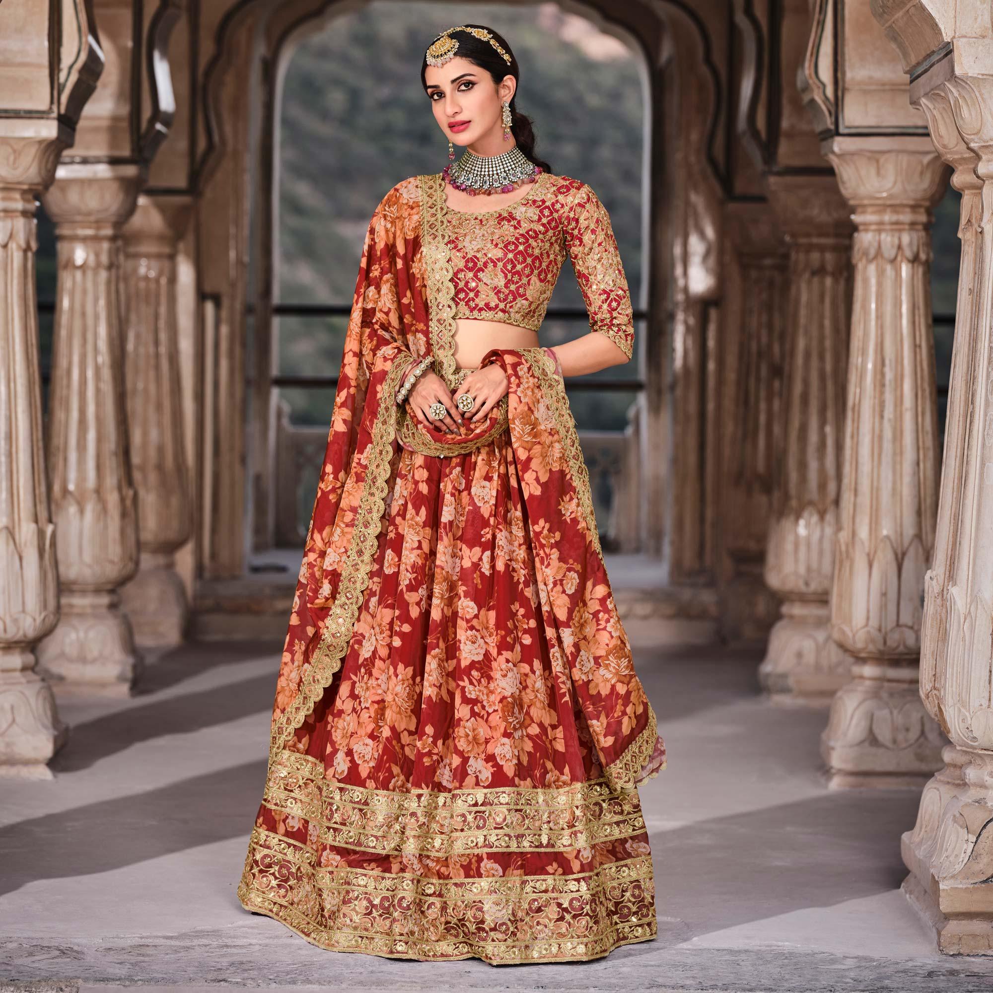 Red Partywear Printed With Sequence Embroidery Organza Lehenga Choli - Peachmode