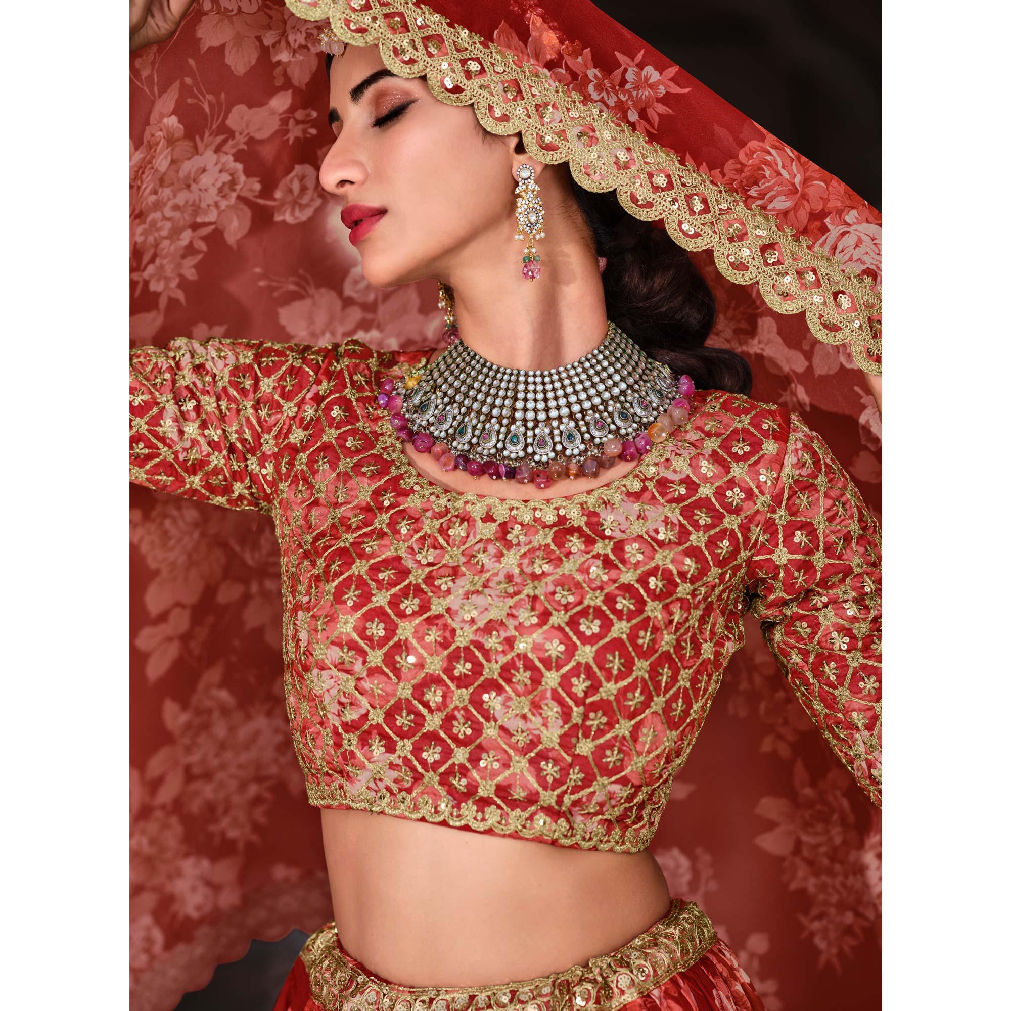 Red Partywear Printed With Sequence Embroidery Organza Lehenga Choli - Peachmode