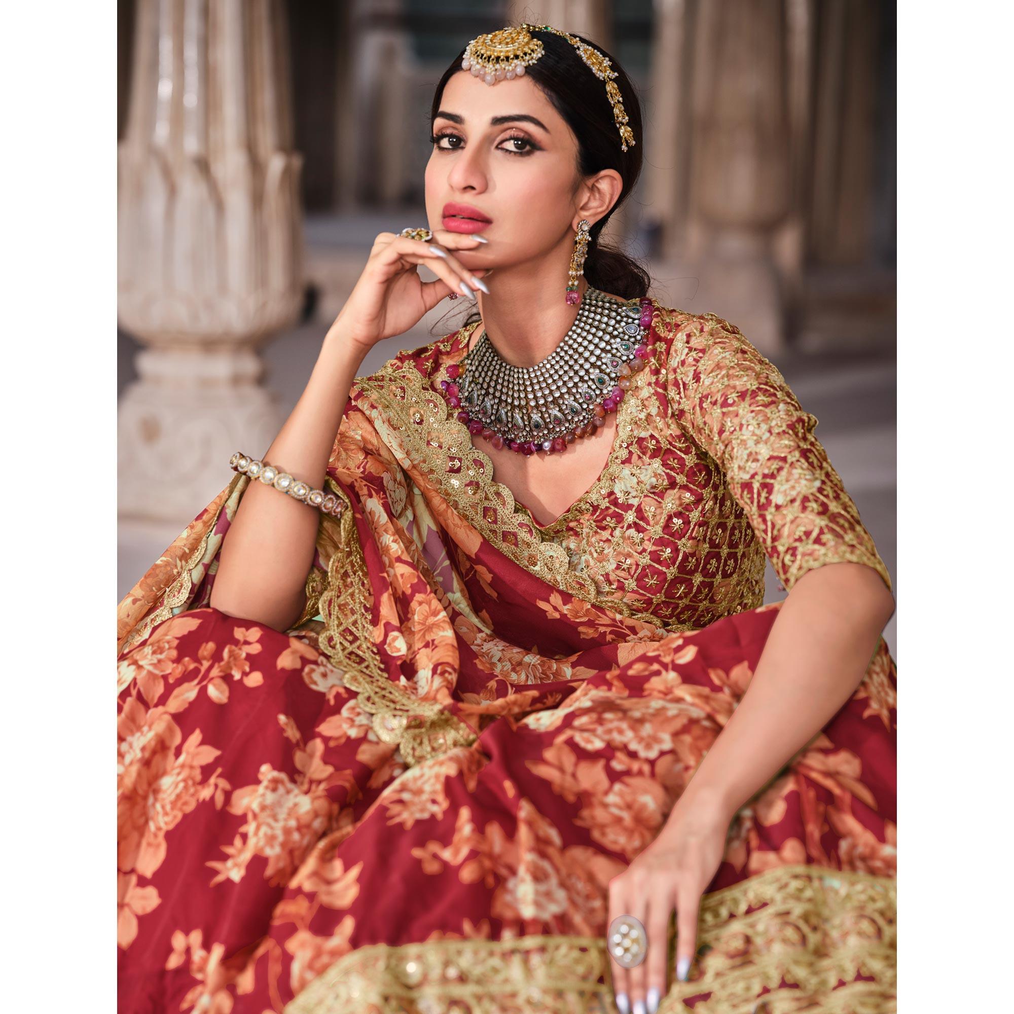 Red Partywear Printed With Sequence Embroidery Organza Lehenga Choli - Peachmode