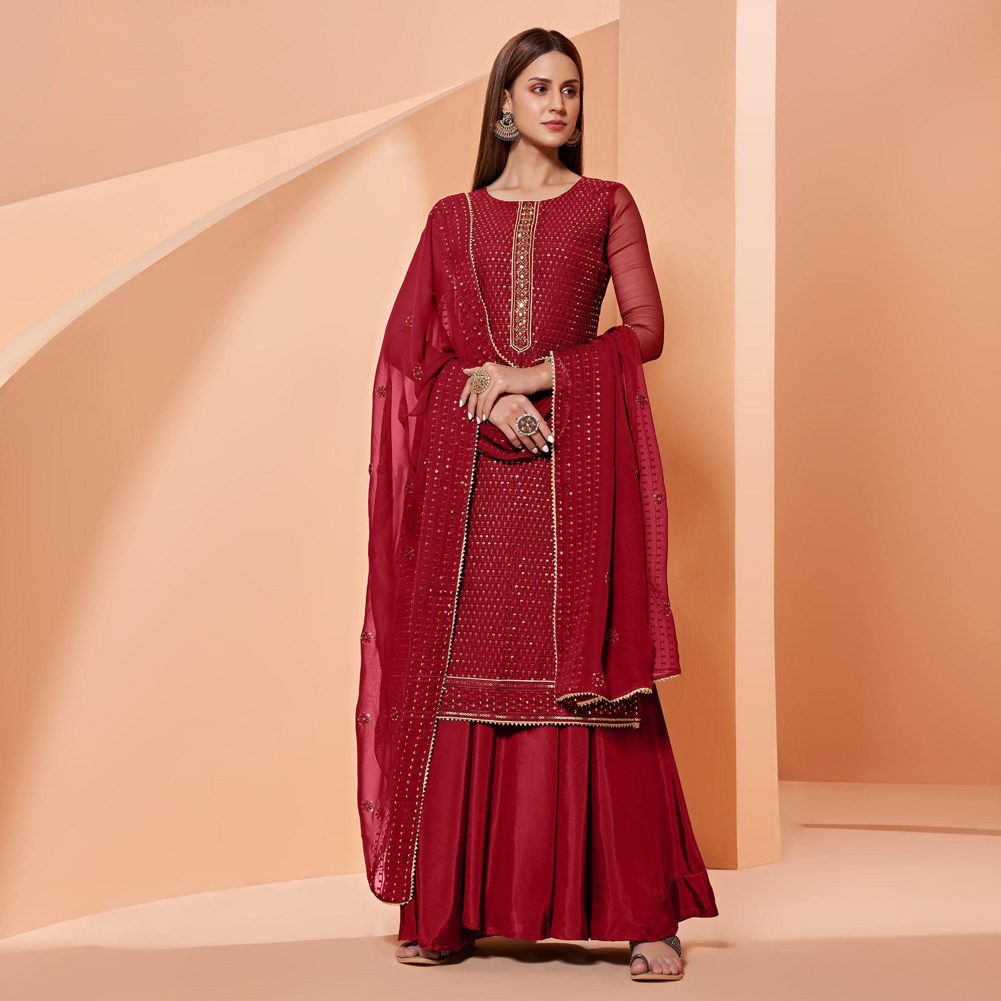 Red Partywear Sequence & Thread Embroidered Pure Georgette Palazzo Suit - Peachmode