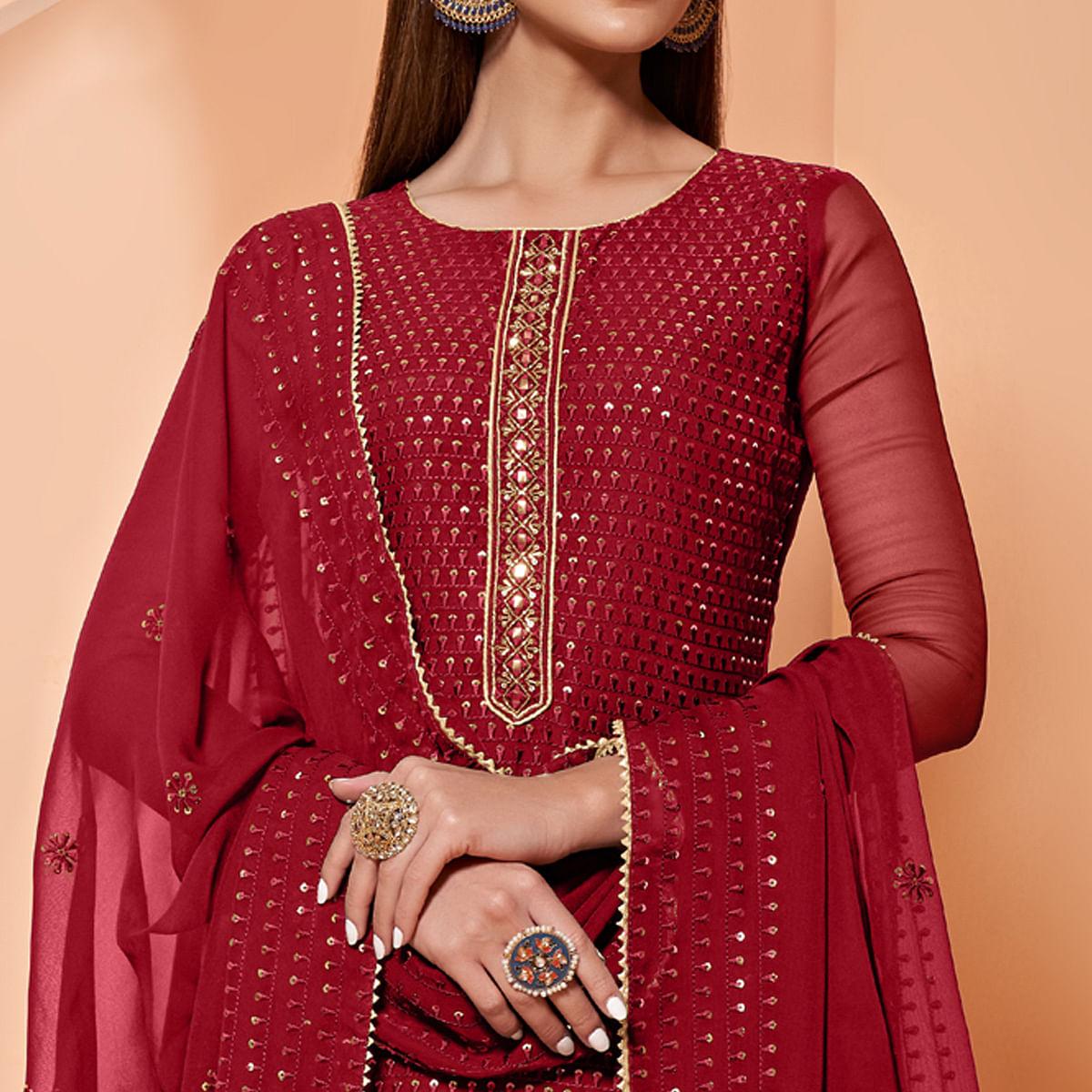 Red Partywear Sequence & Thread Embroidered Pure Georgette Palazzo Suit - Peachmode