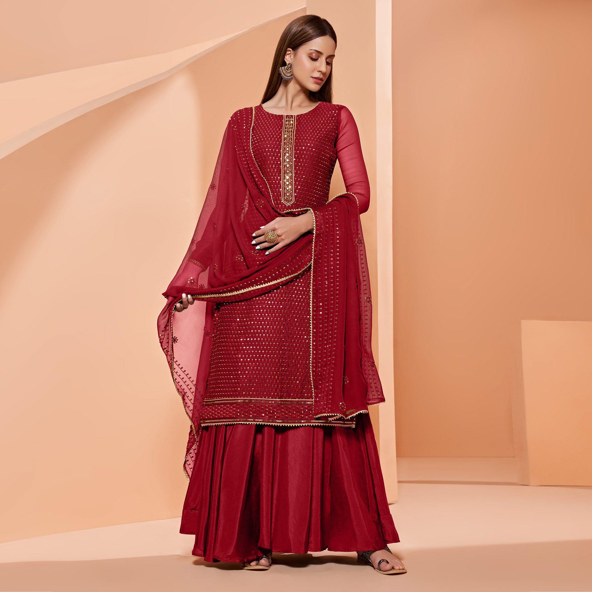 Red Partywear Sequence & Thread Embroidered Pure Georgette Palazzo Suit - Peachmode