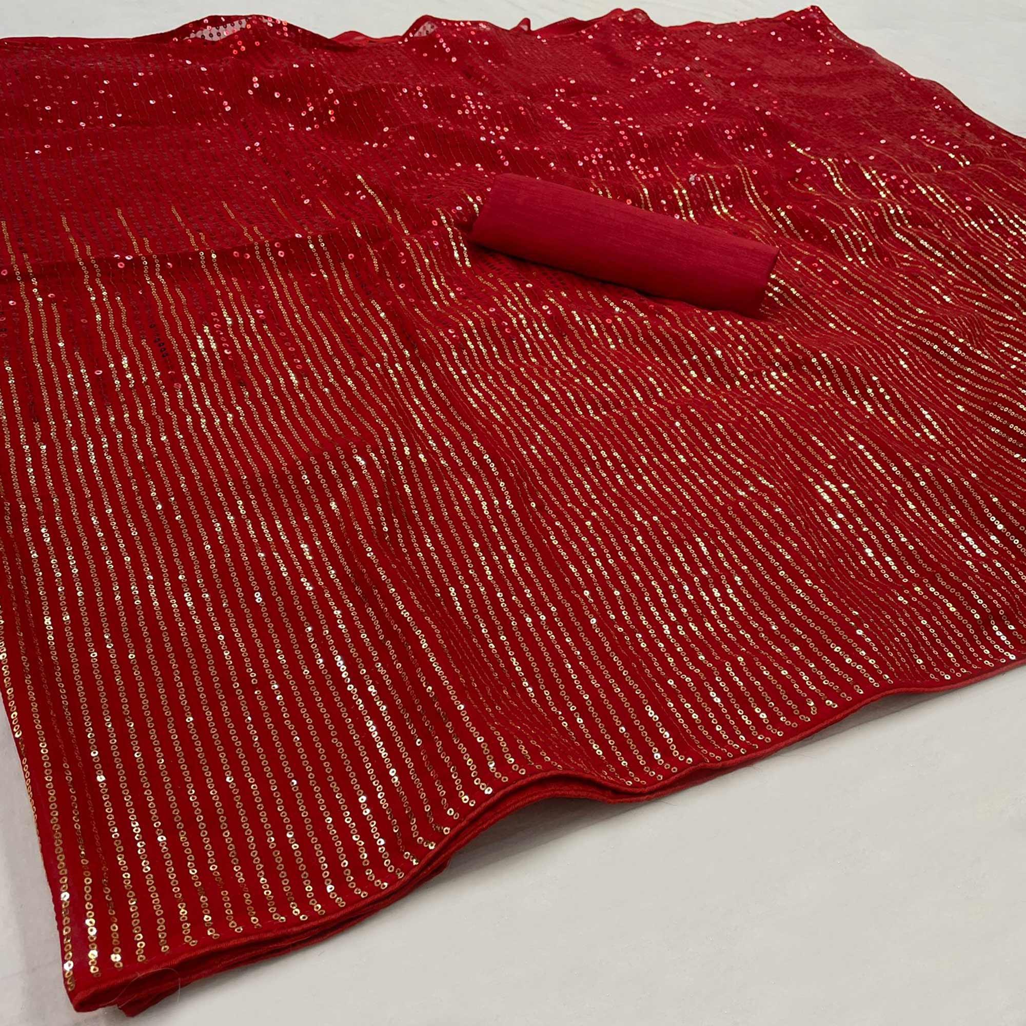 Red Partywear Sequence Embroidered Georgette Saree - Peachmode