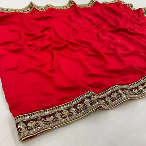 Red Partywear Sequence Embroidered Lace Silk Saree - Peachmode