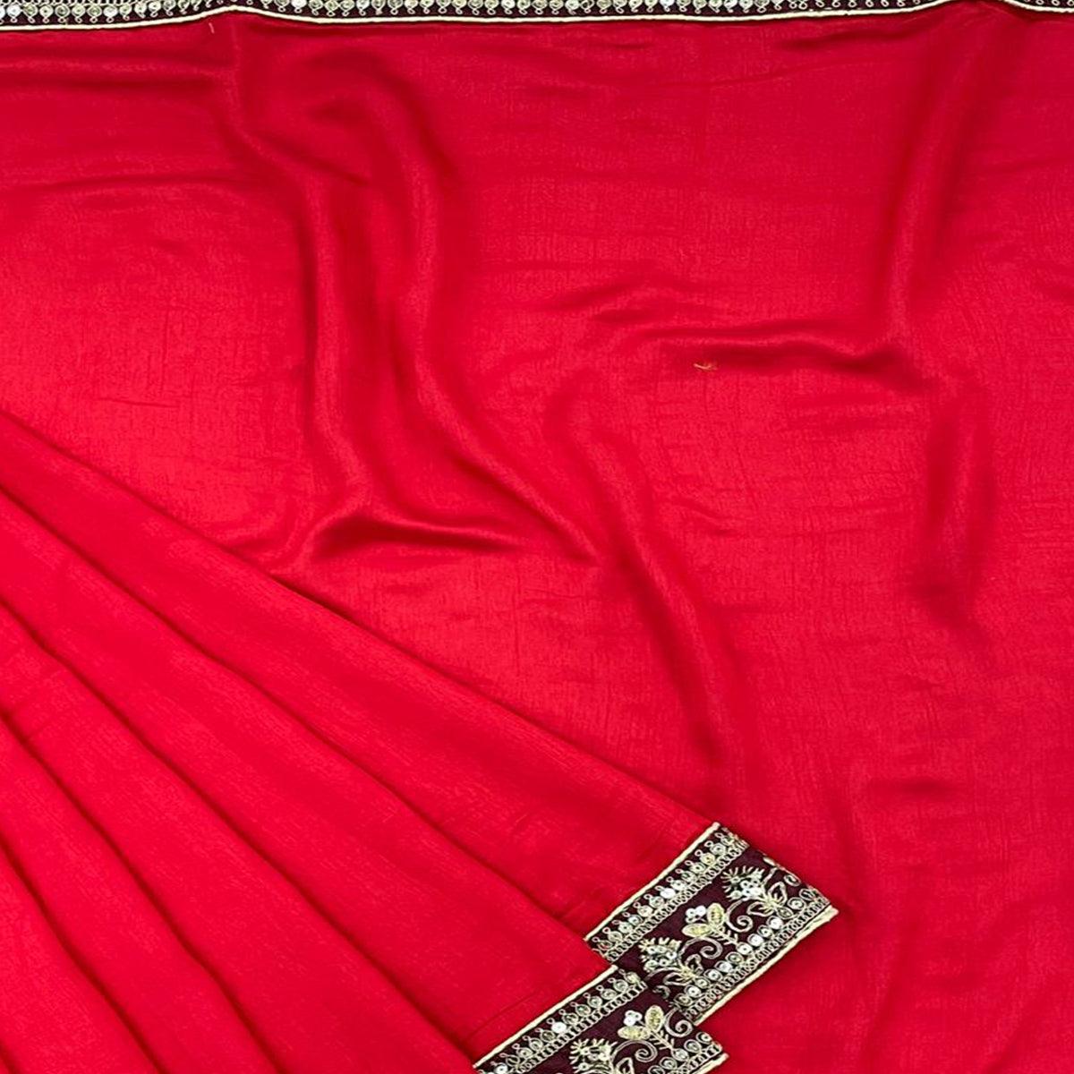 Red Partywear Sequence Embroidered Lace Silk Saree - Peachmode