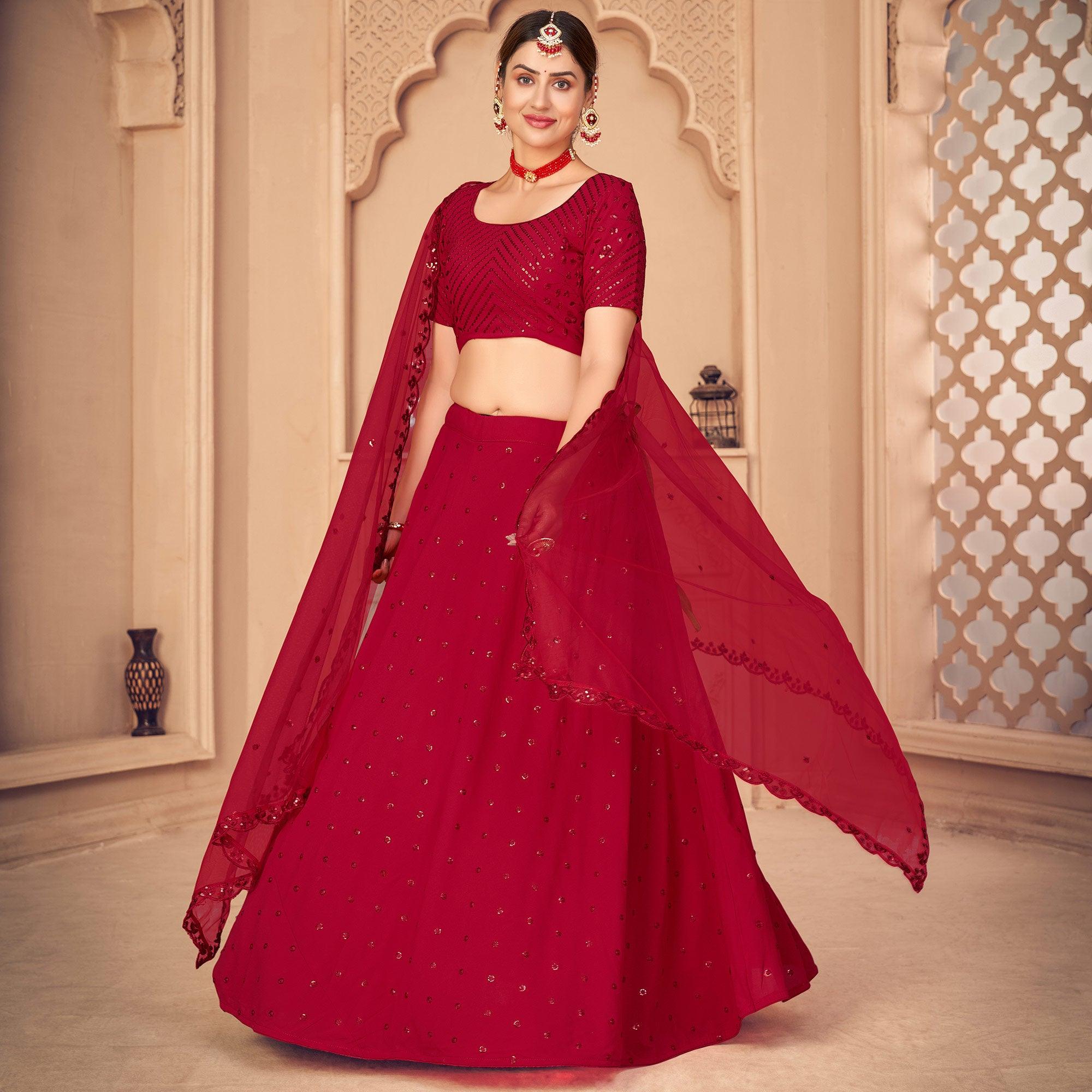 Red Partywear Thread With Sequence Floral Embroidered Georgette Lehenga Choli - Peachmode