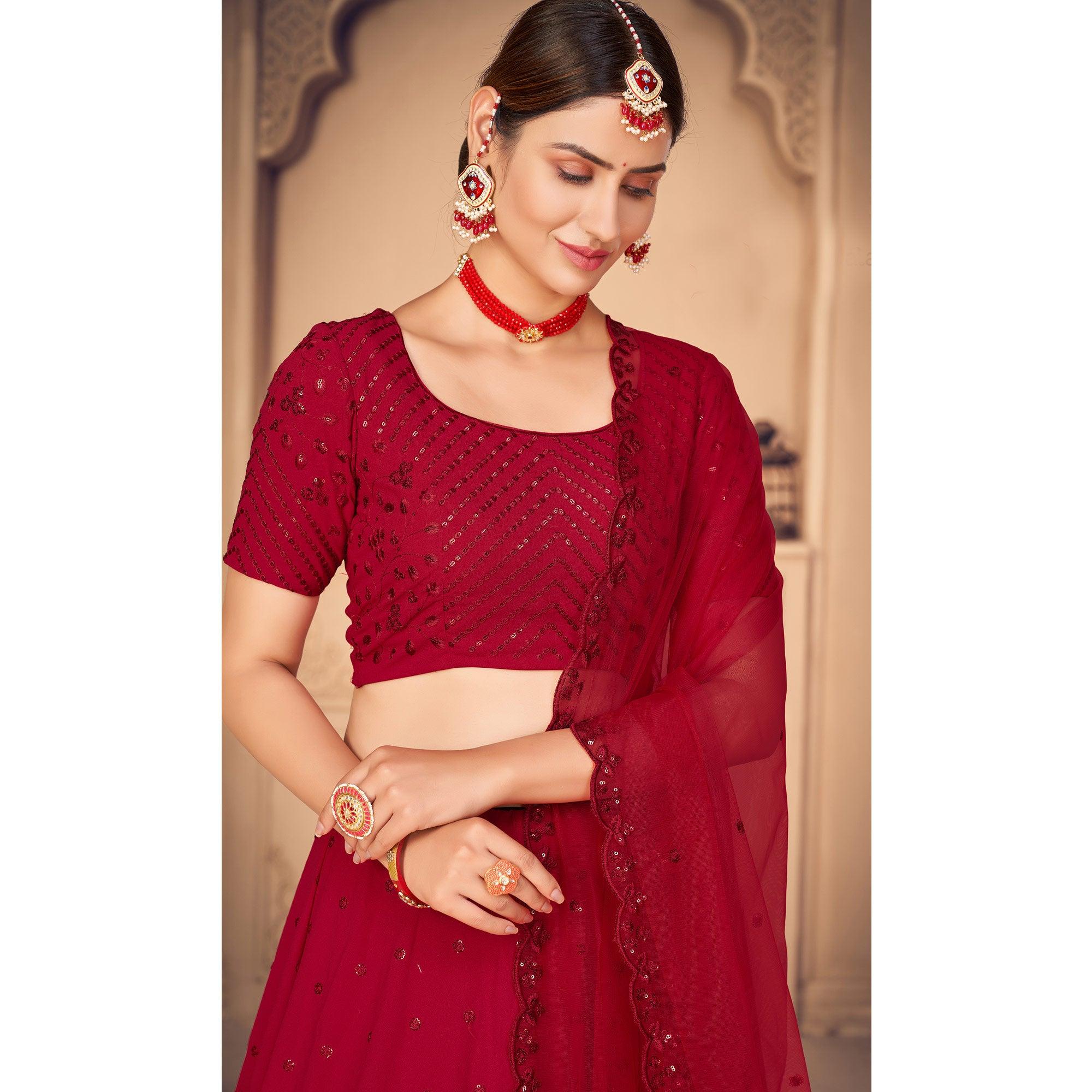Red Partywear Thread With Sequence Floral Embroidered Georgette Lehenga Choli - Peachmode