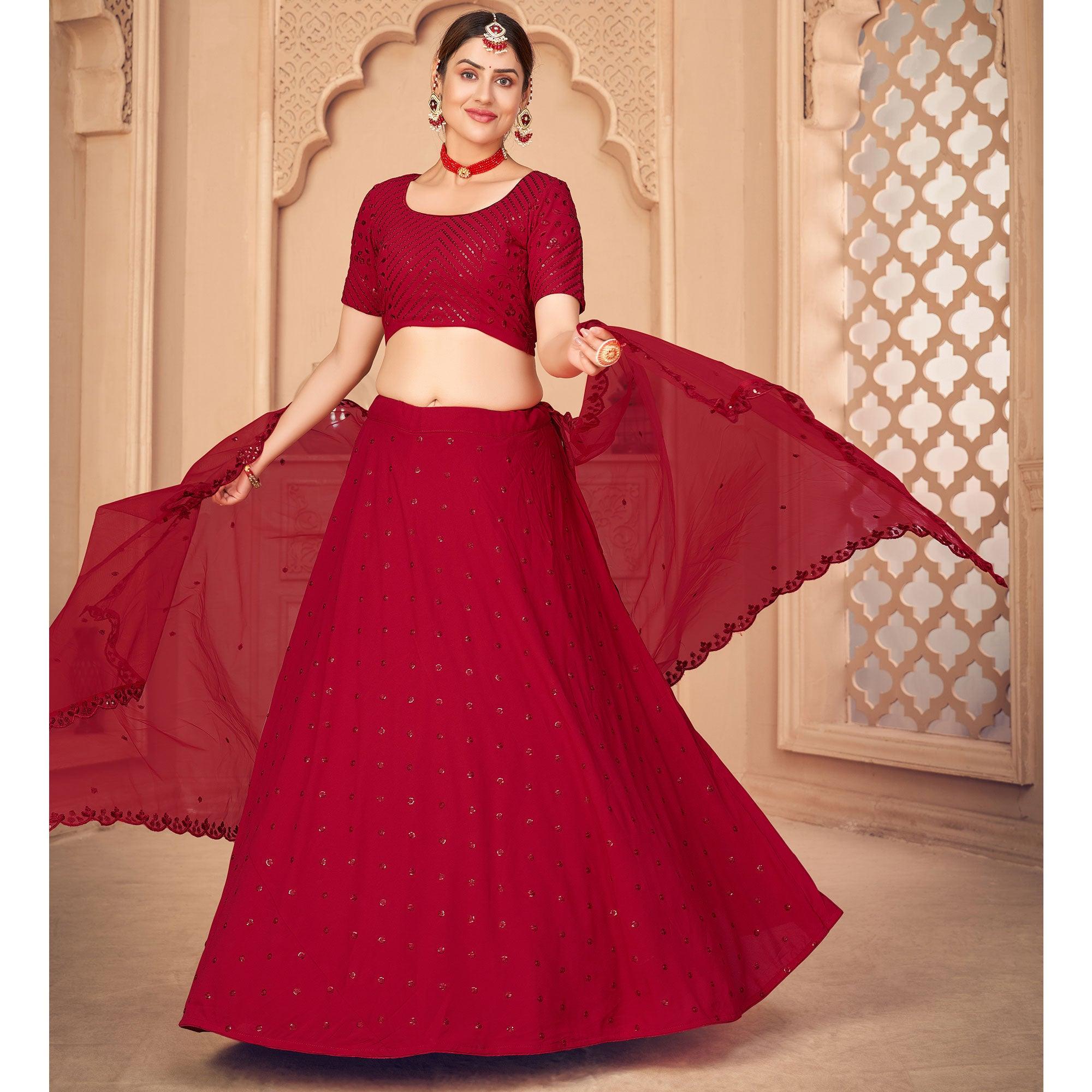 Red Partywear Thread With Sequence Floral Embroidered Georgette Lehenga Choli - Peachmode