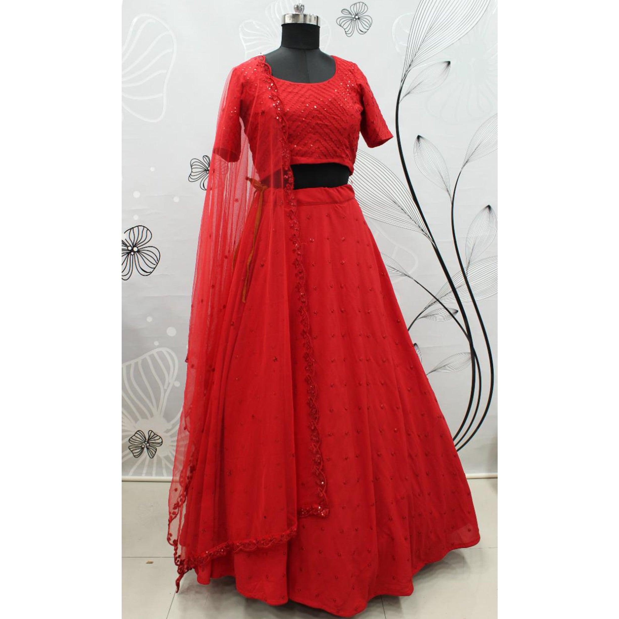 Red Partywear Thread With Sequence Floral Embroidered Georgette Lehenga Choli - Peachmode