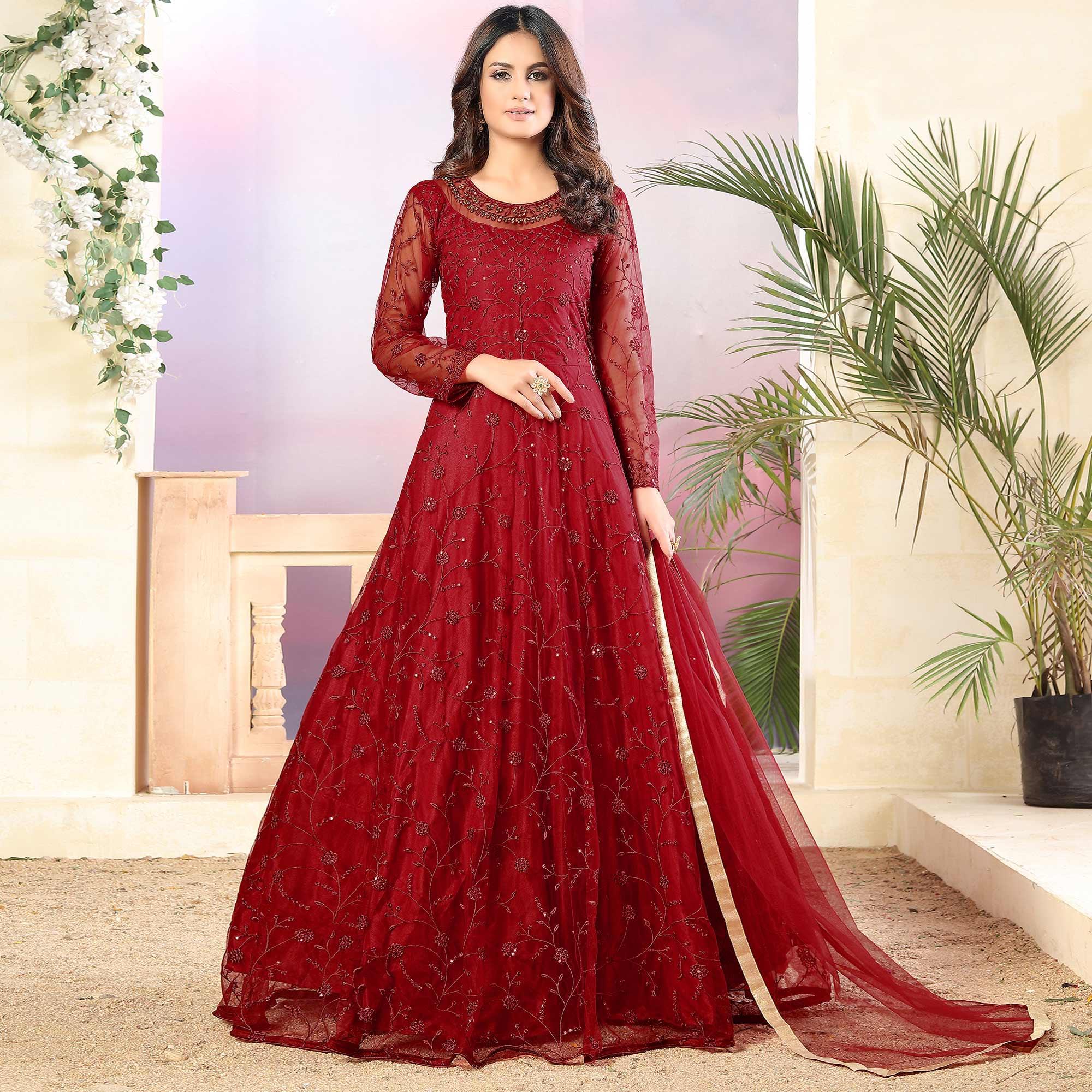 Red Partywear Tone to Tone Thread and Sequence Work Net Semi Stitched Anarkali Suit - Peachmode