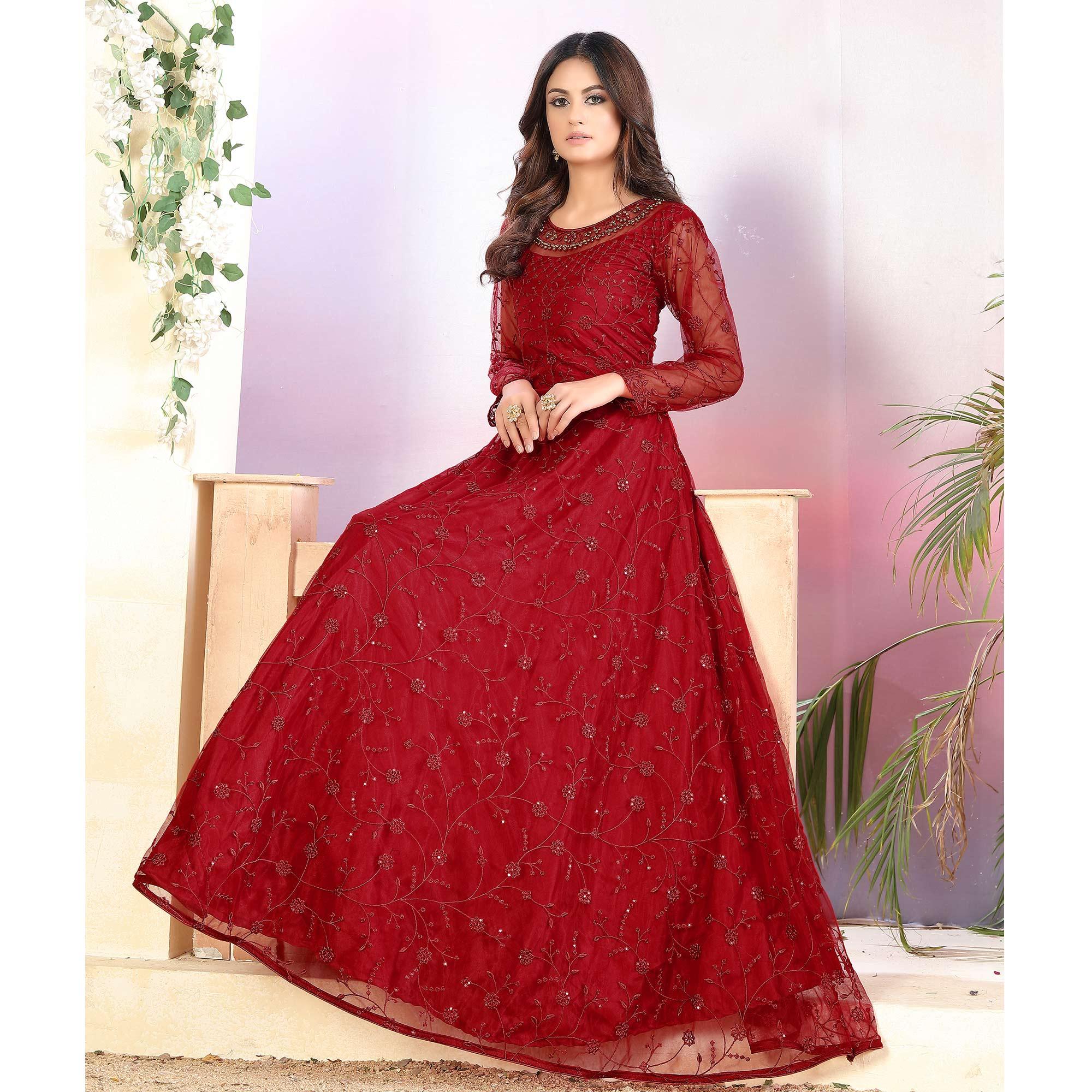 Red Partywear Tone to Tone Thread and Sequence Work Net Semi Stitched Anarkali Suit - Peachmode