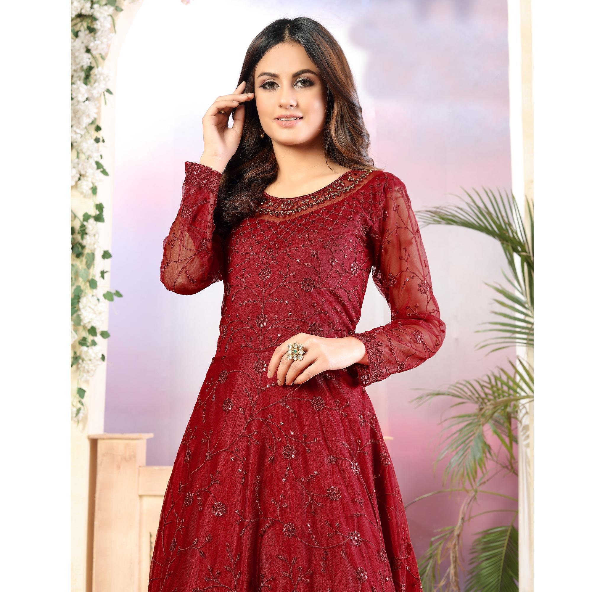 Red Partywear Tone to Tone Thread and Sequence Work Net Semi Stitched Anarkali Suit - Peachmode