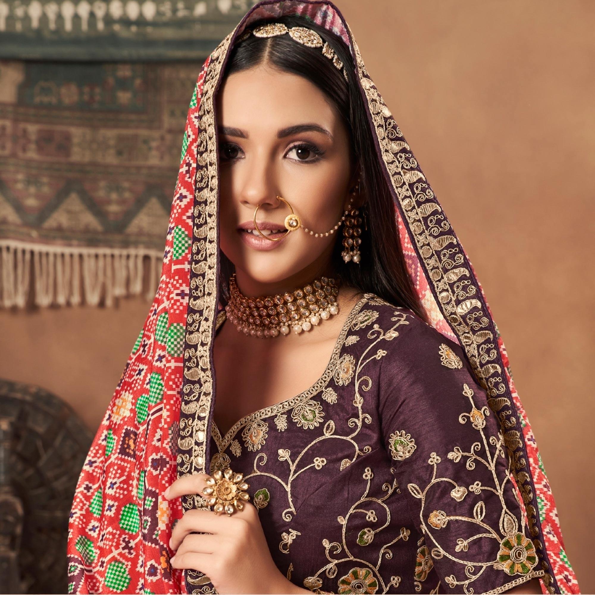 Red Patola Printed Art Silk Lehenga Choli - Peachmode