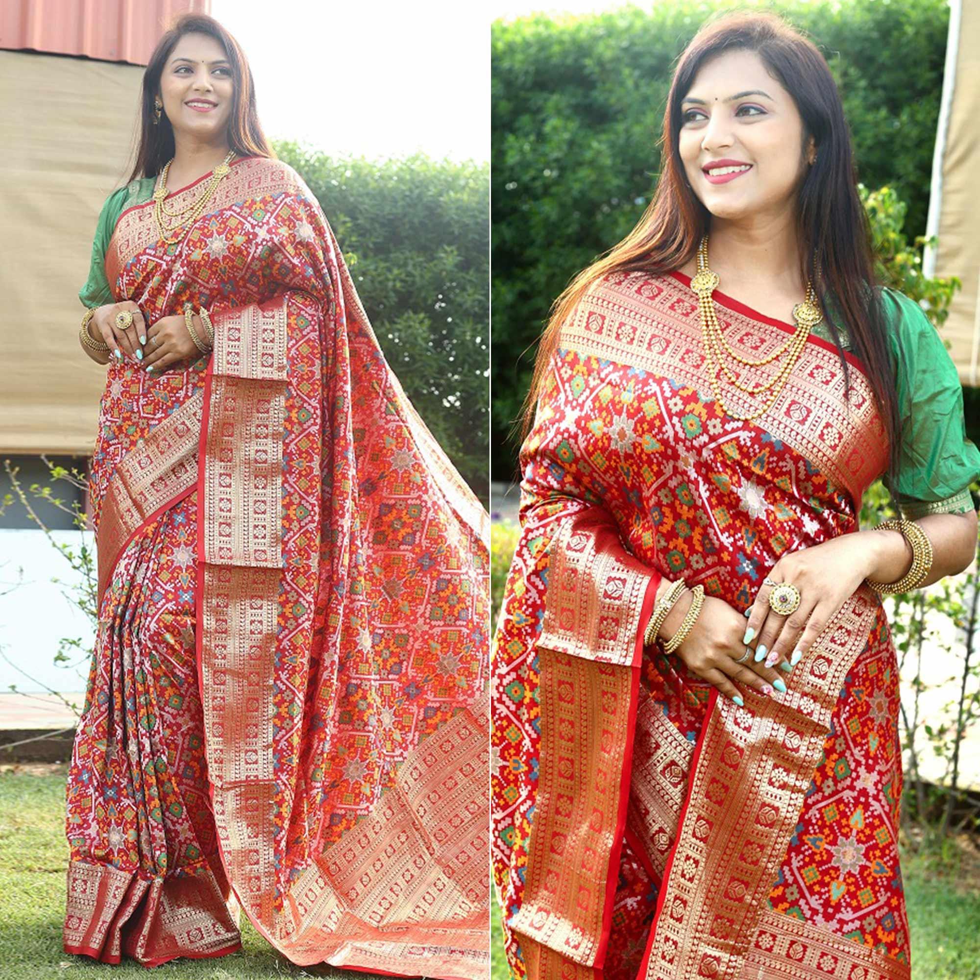 Red Patola Printed Art Silk Saree - Peachmode