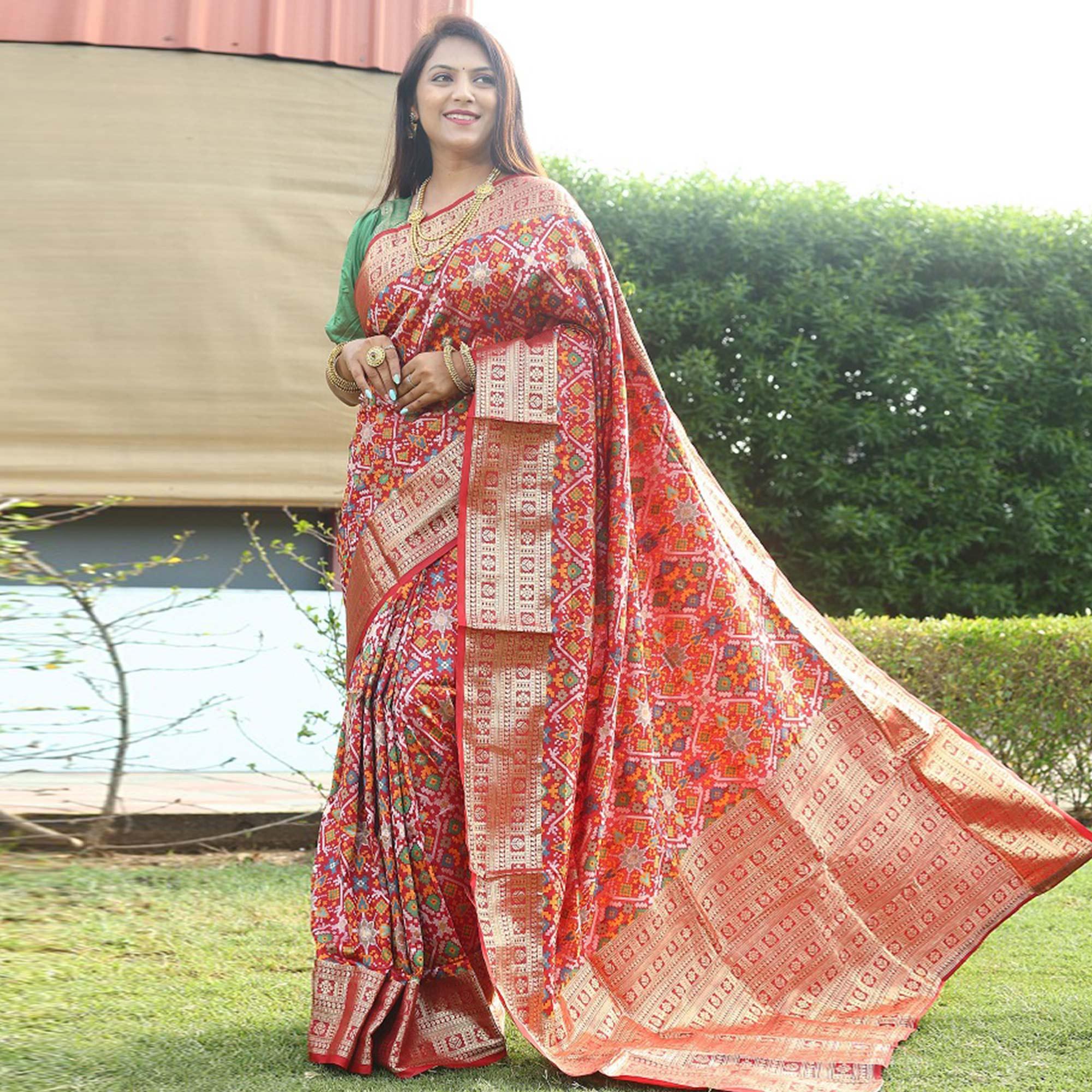 Red Patola Printed Art Silk Saree - Peachmode