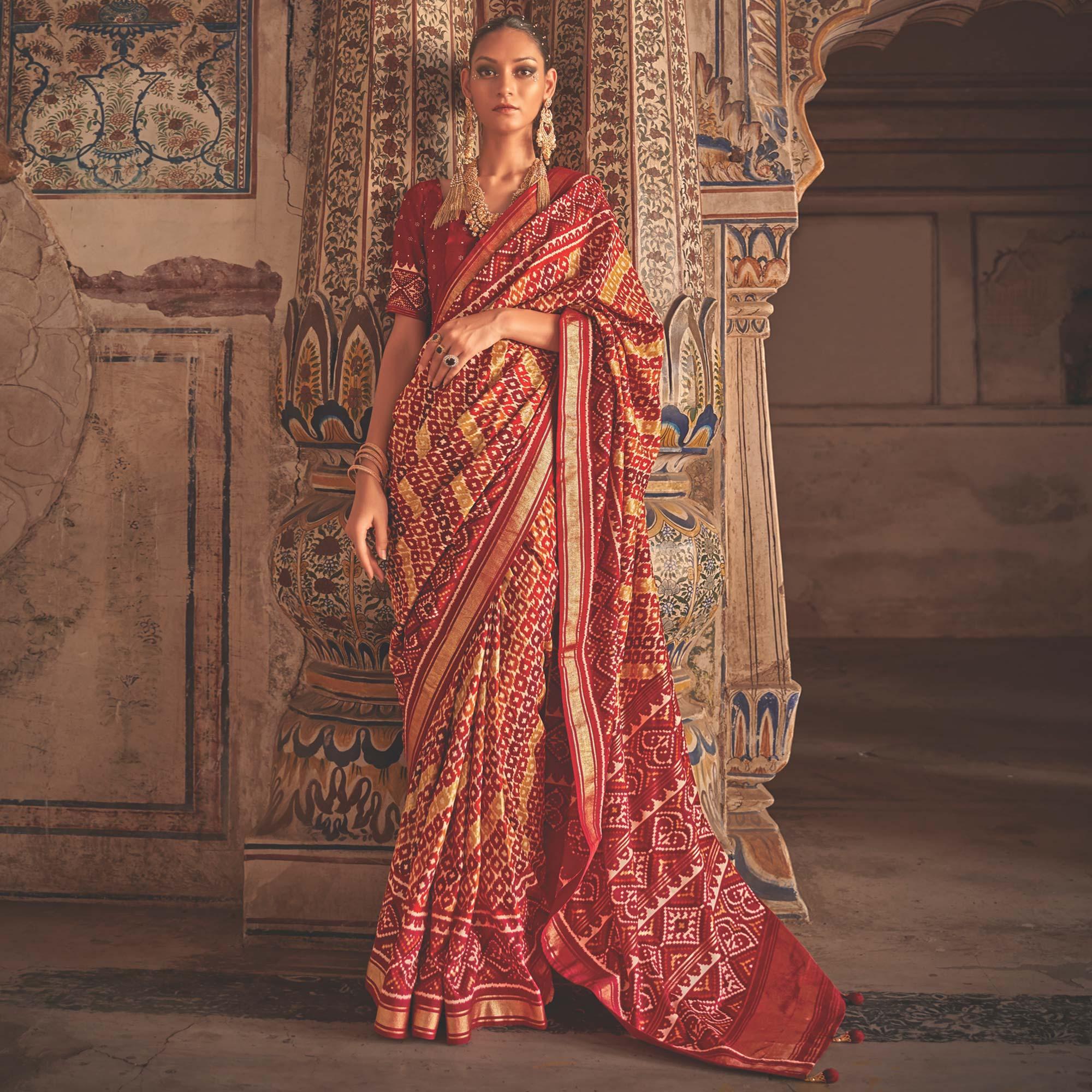 Red Patola Printed Art Silk Saree - Peachmode
