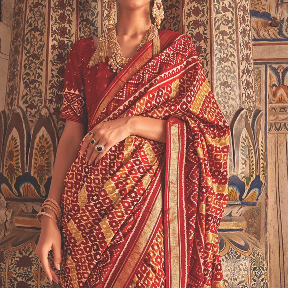 Red Patola Printed Art Silk Saree - Peachmode