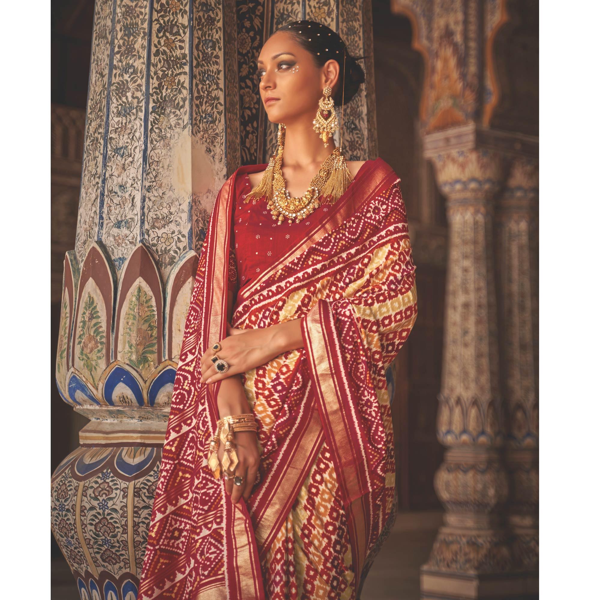 Red Patola Printed Art Silk Saree - Peachmode