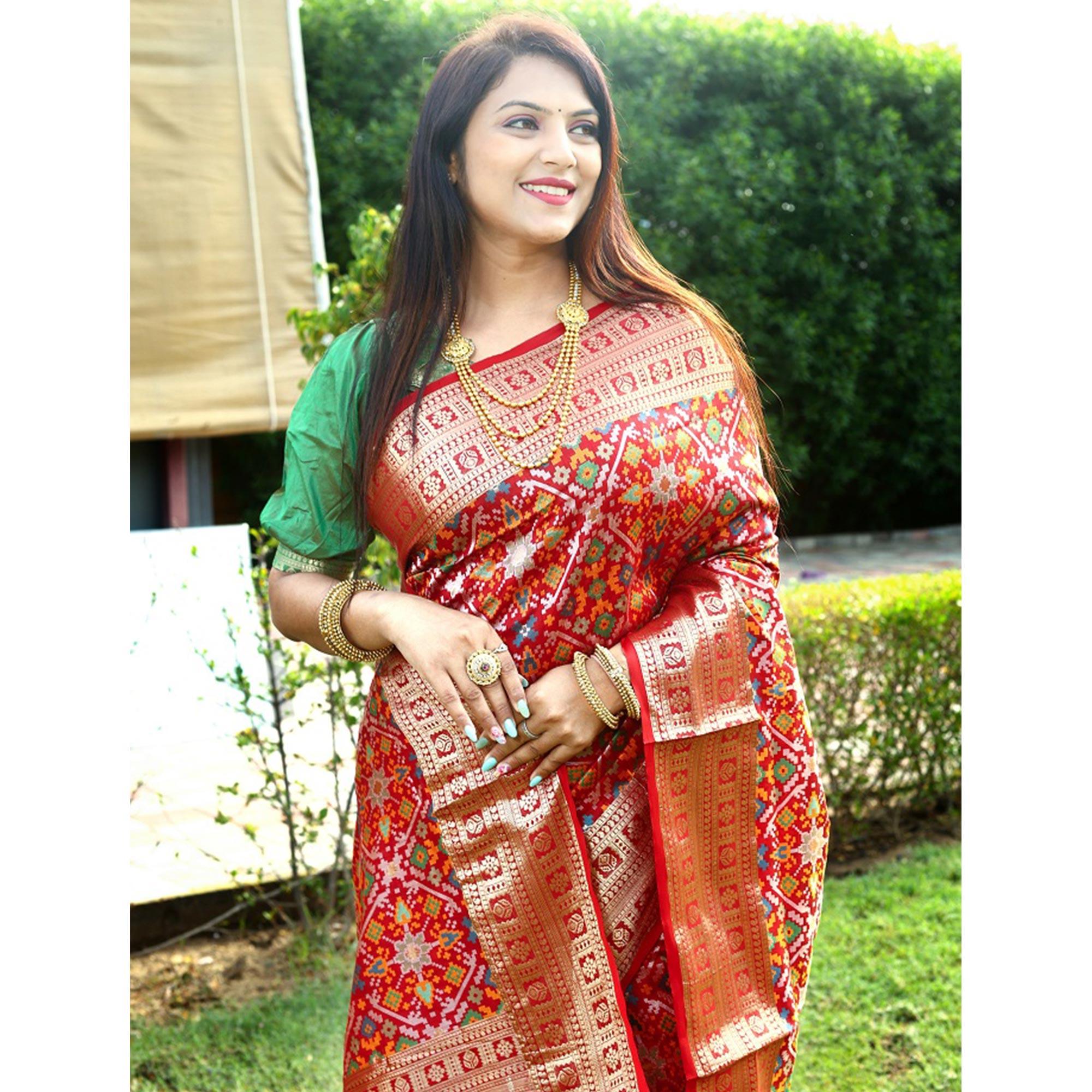 Red Patola Printed Art Silk Saree - Peachmode