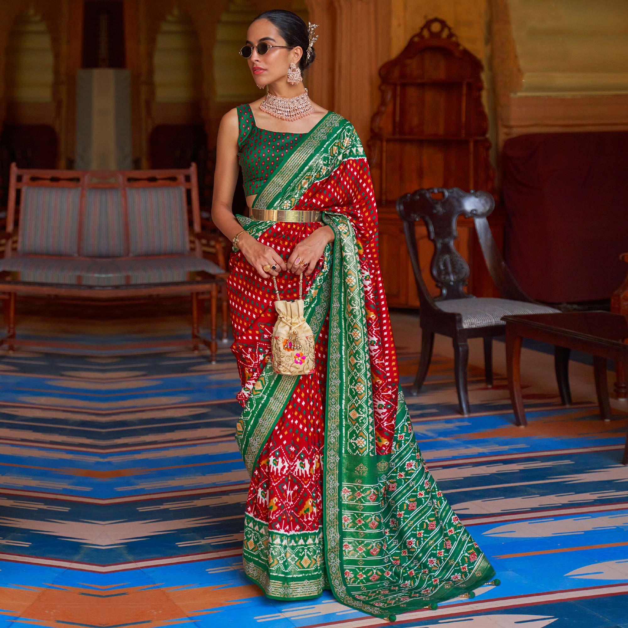 Red Patola Printed Art Silk Saree With Tassels - Peachmode