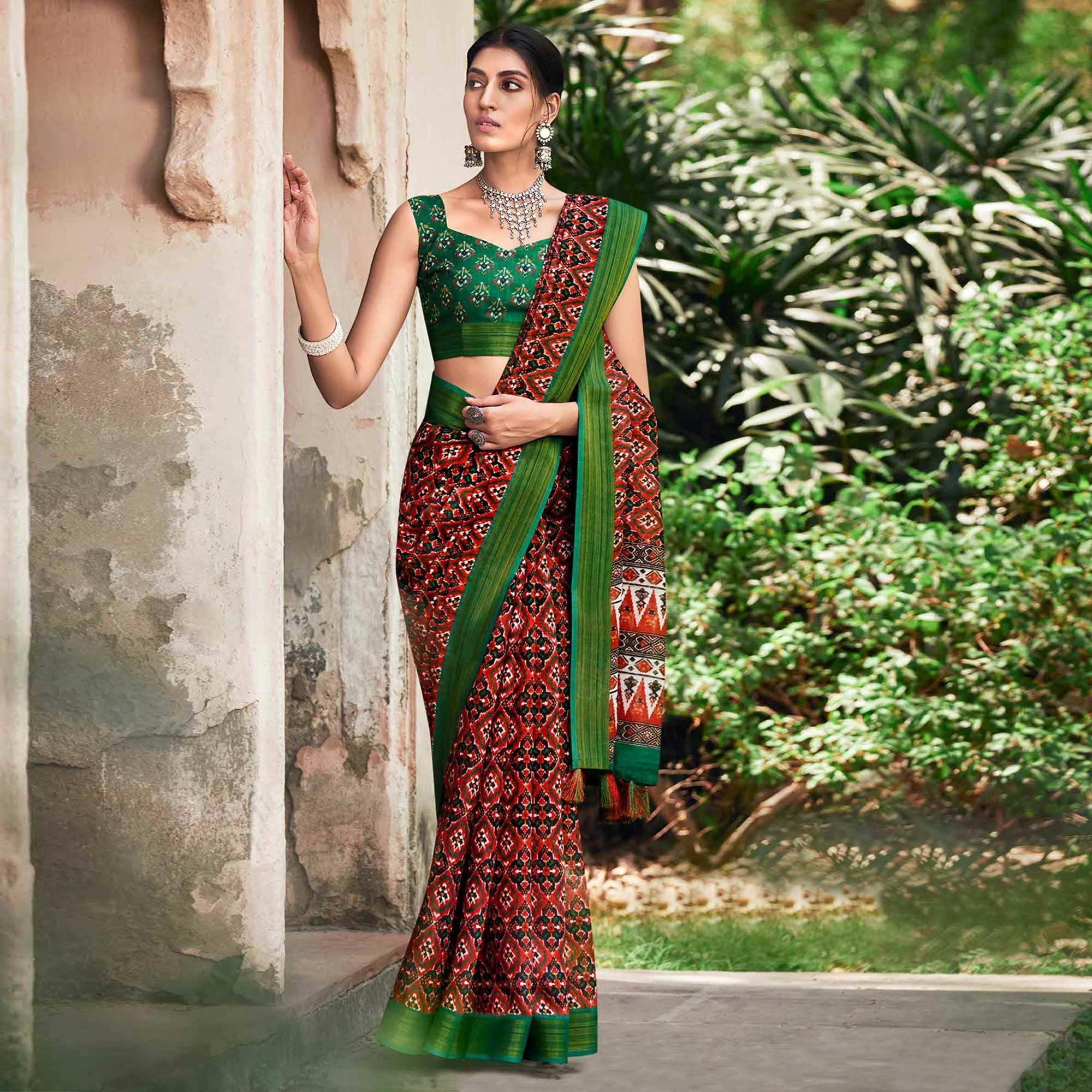 Red Patola Printed Cotton Silk Saree With Tassels - Peachmode