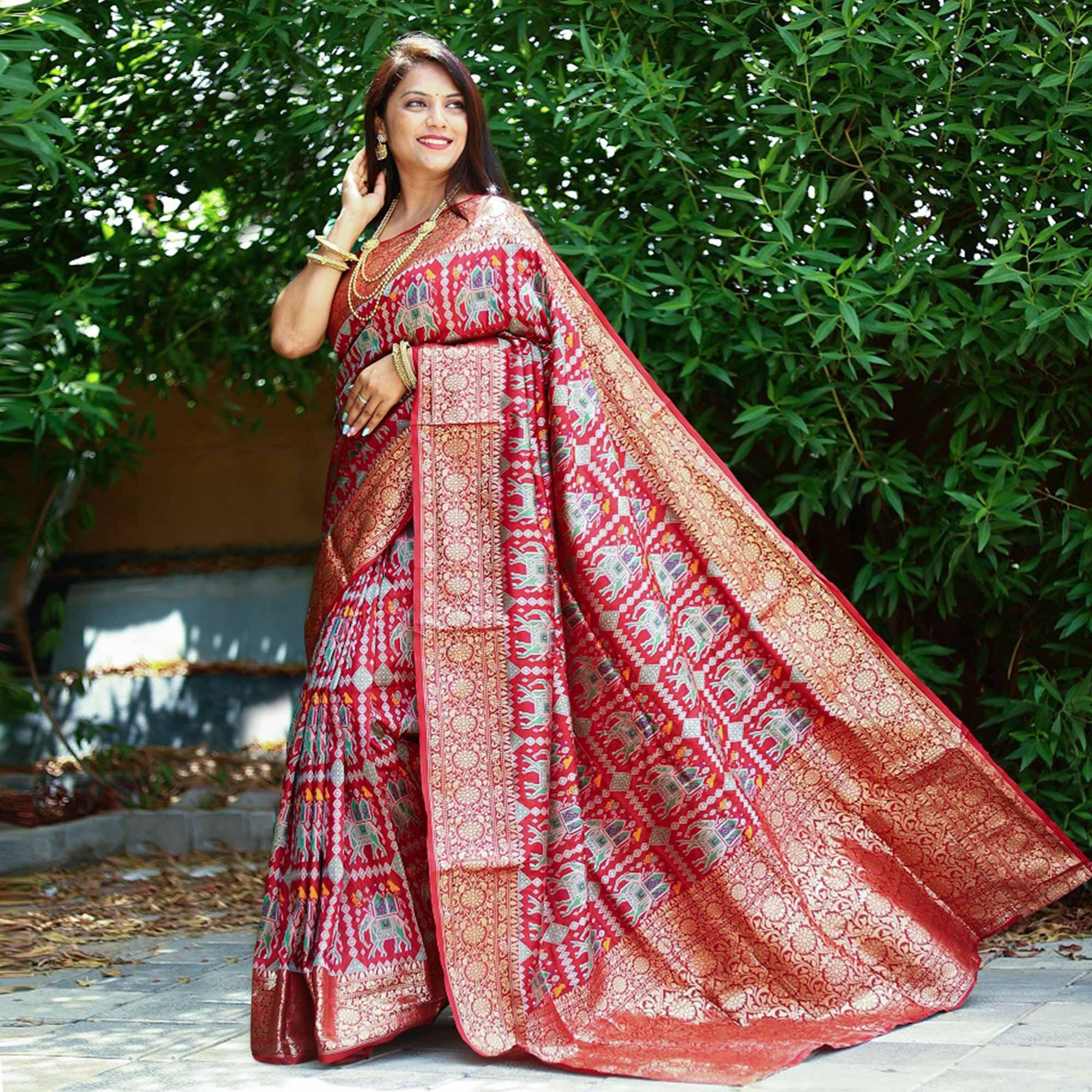 Red Patola Printed Silk Saree - Peachmode