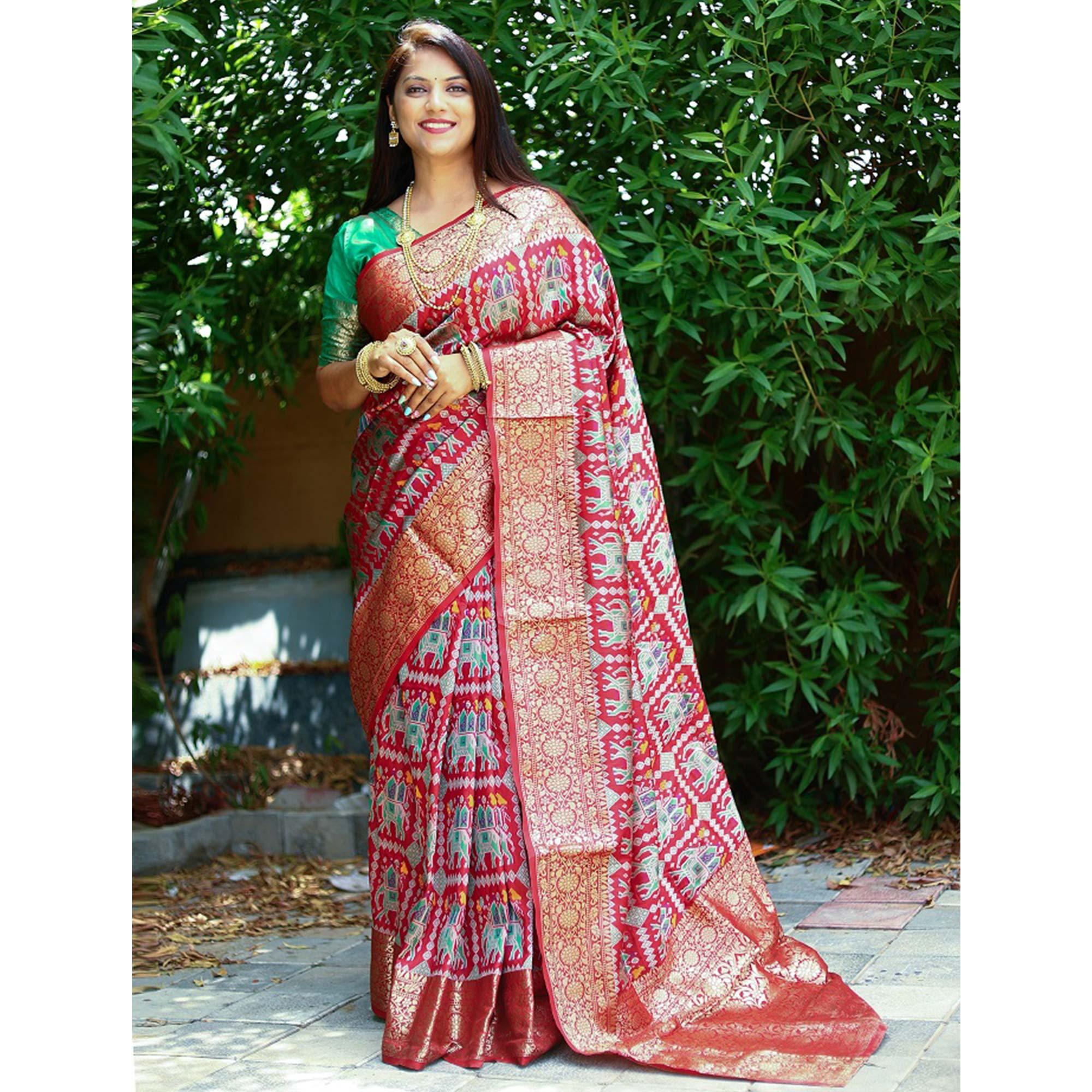Red Patola Printed Silk Saree - Peachmode