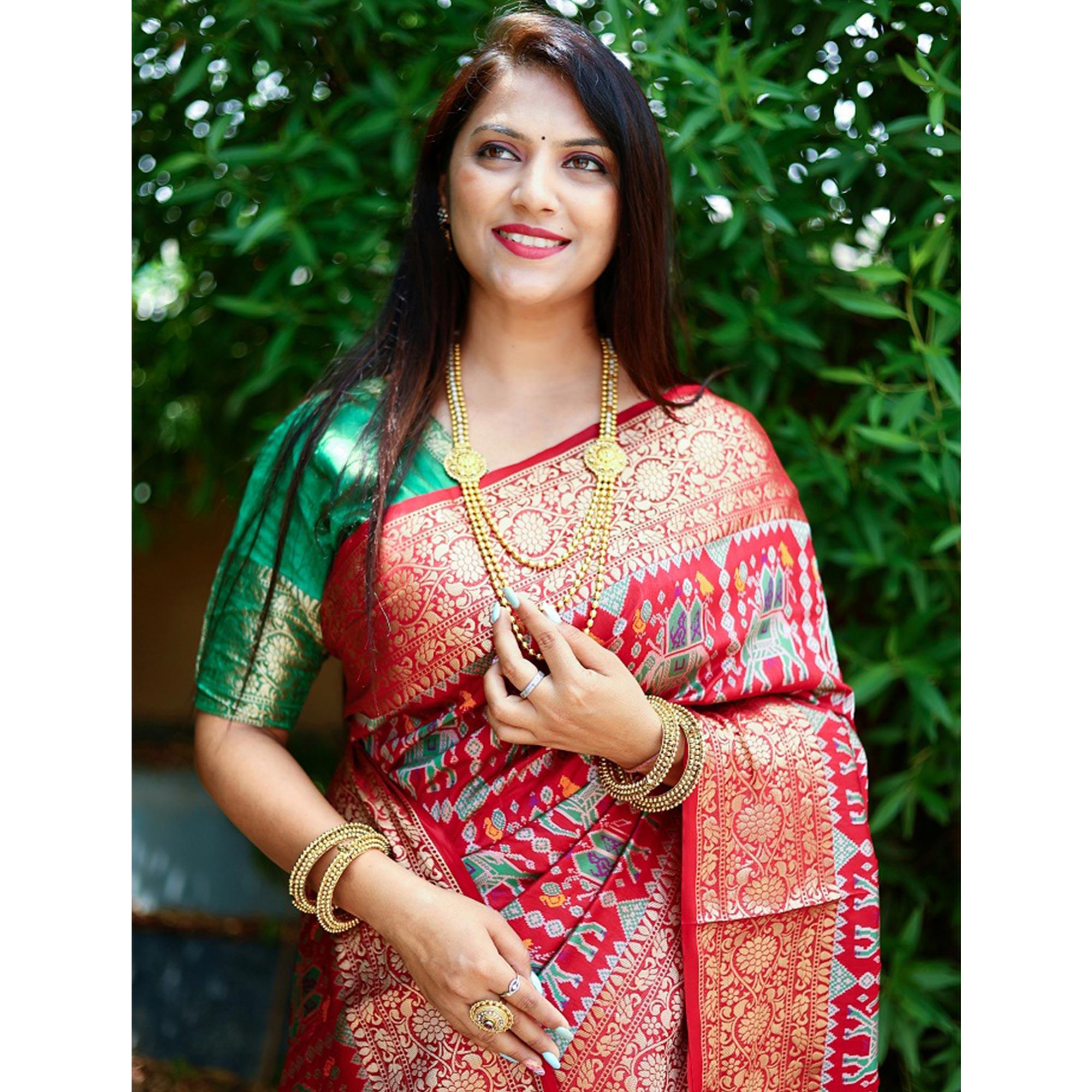 Red Patola Printed Silk Saree - Peachmode