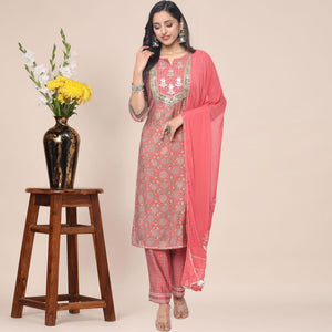 Red Patywear Floral Embroidered Cotton Silk Kurti Pant Set With Dupatta - Peachmode