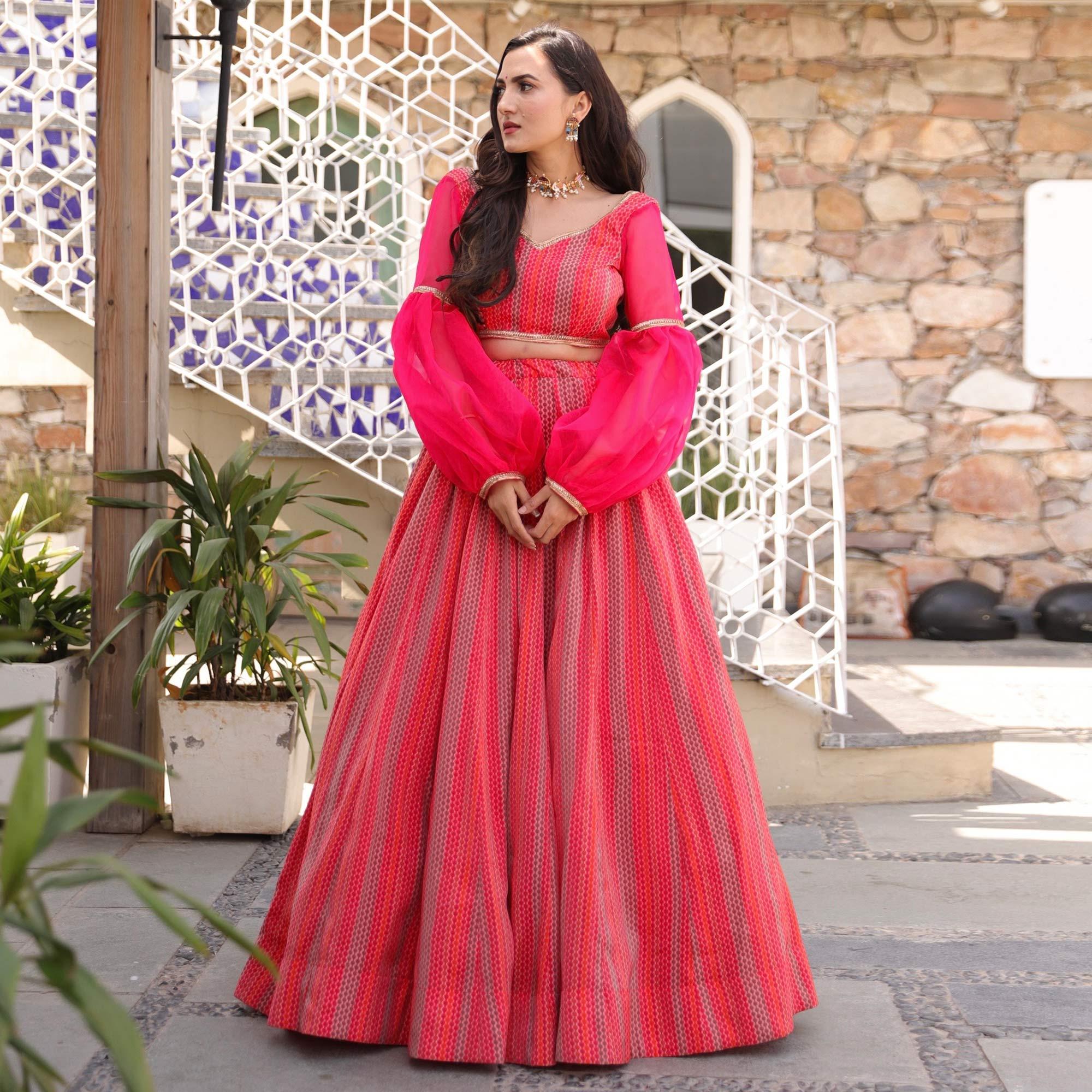 Red-Pink Wedding Wear Designer Chanderi Designer Lehenga Choli - Peachmode