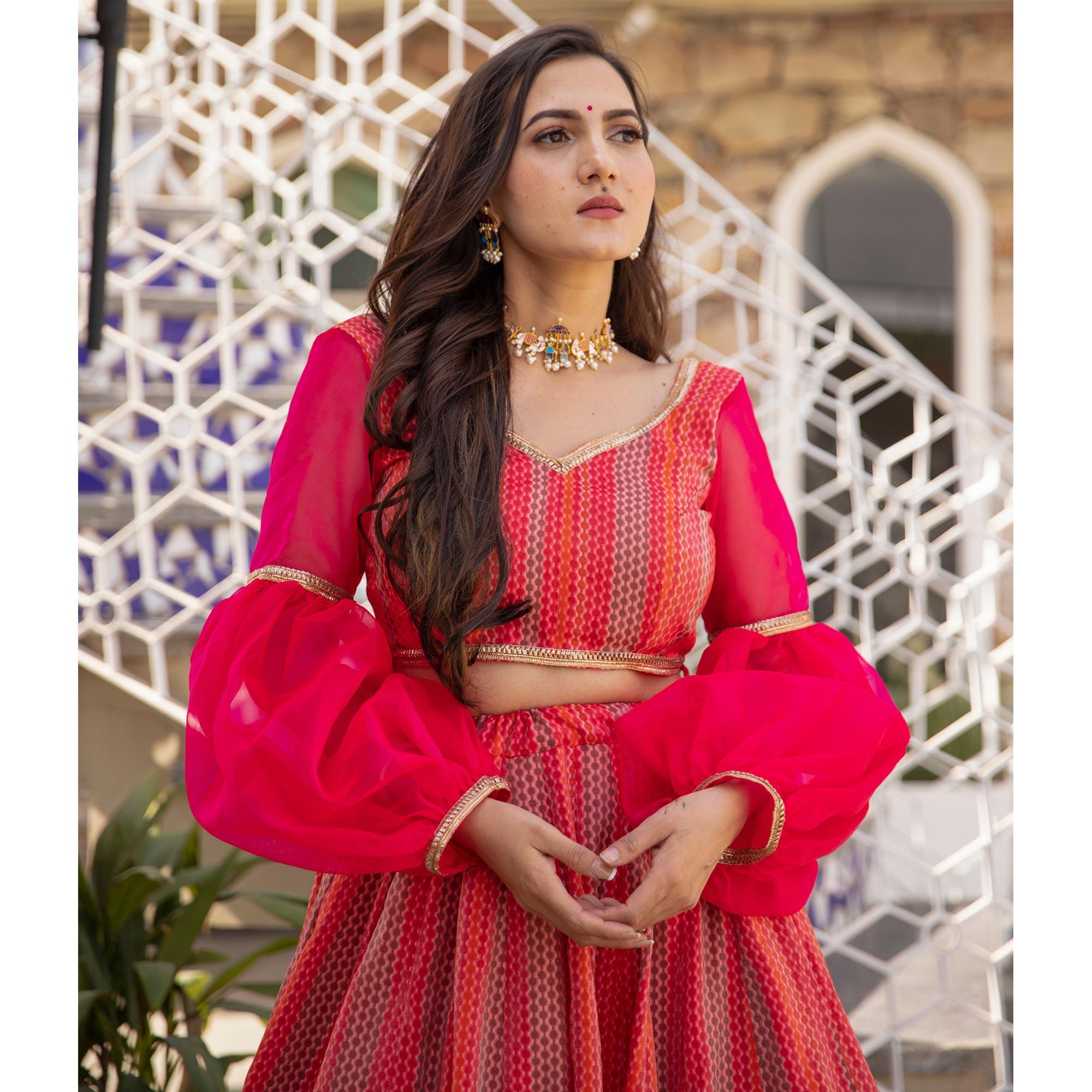 Red-Pink Wedding Wear Designer Chanderi Designer Lehenga Choli - Peachmode