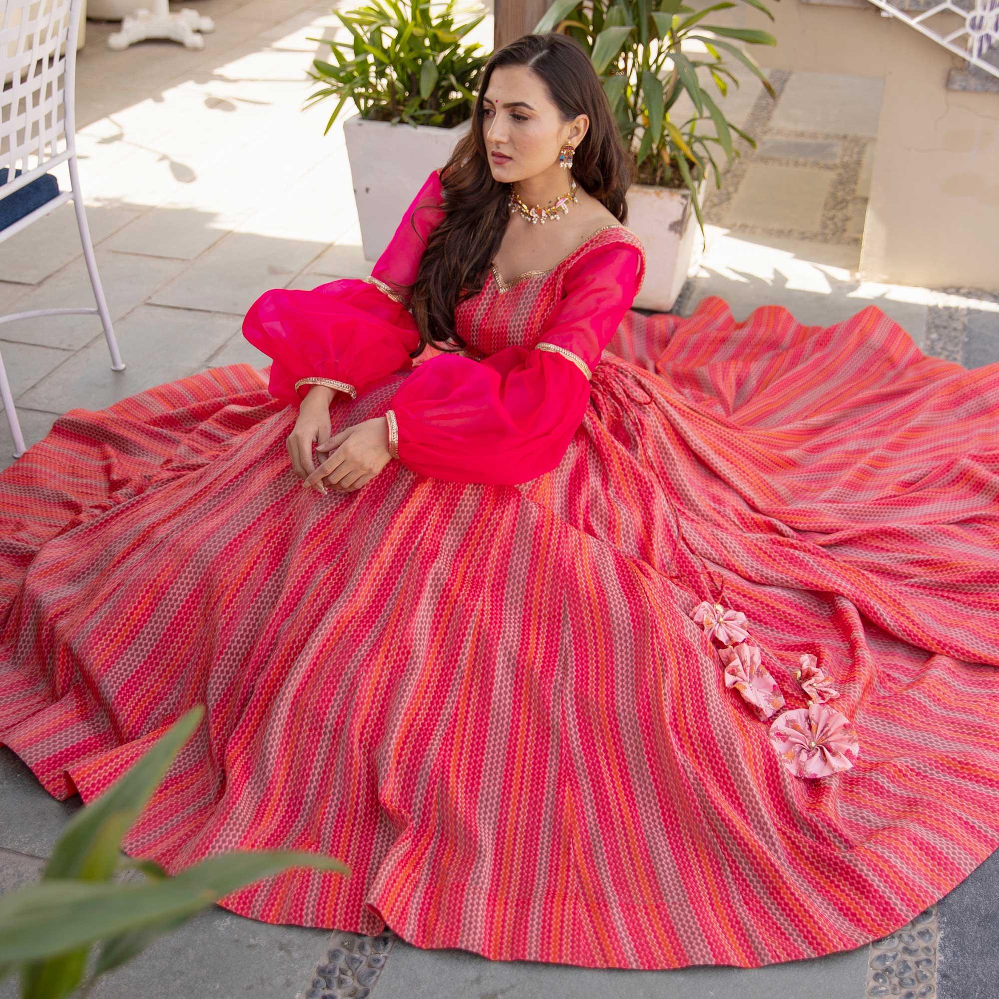 Red-Pink Wedding Wear Designer Chanderi Designer Lehenga Choli - Peachmode