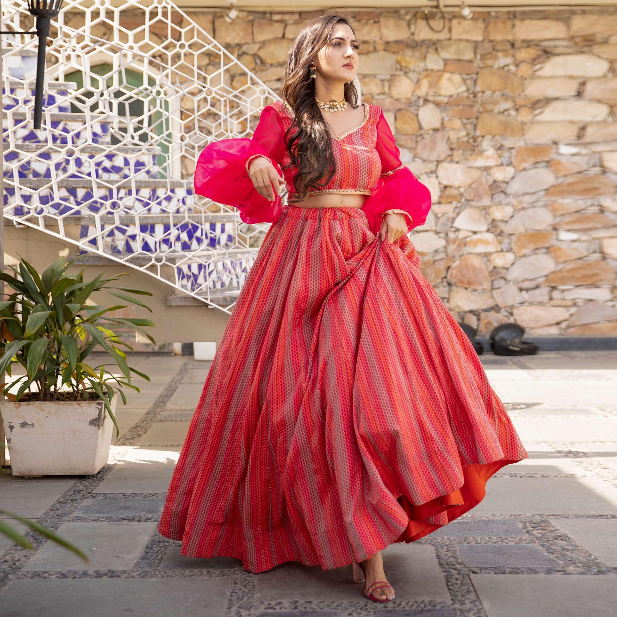 Red-Pink Wedding Wear Designer Chanderi Designer Lehenga Choli - Peachmode