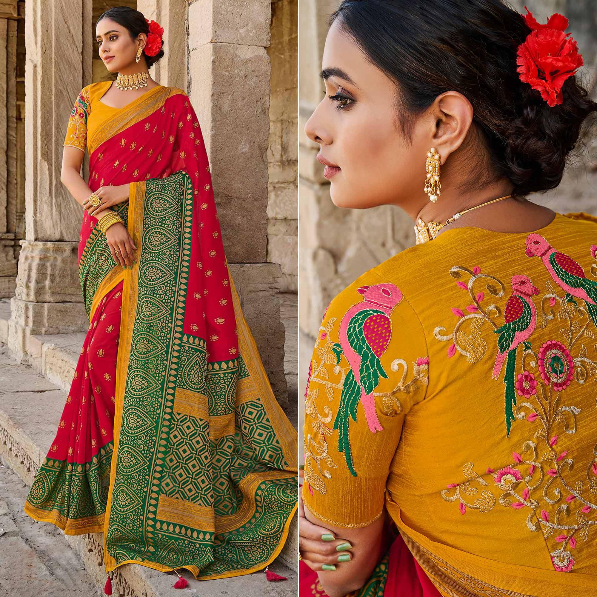Red Printed Art Silk Saree With Tassels - Peachmode