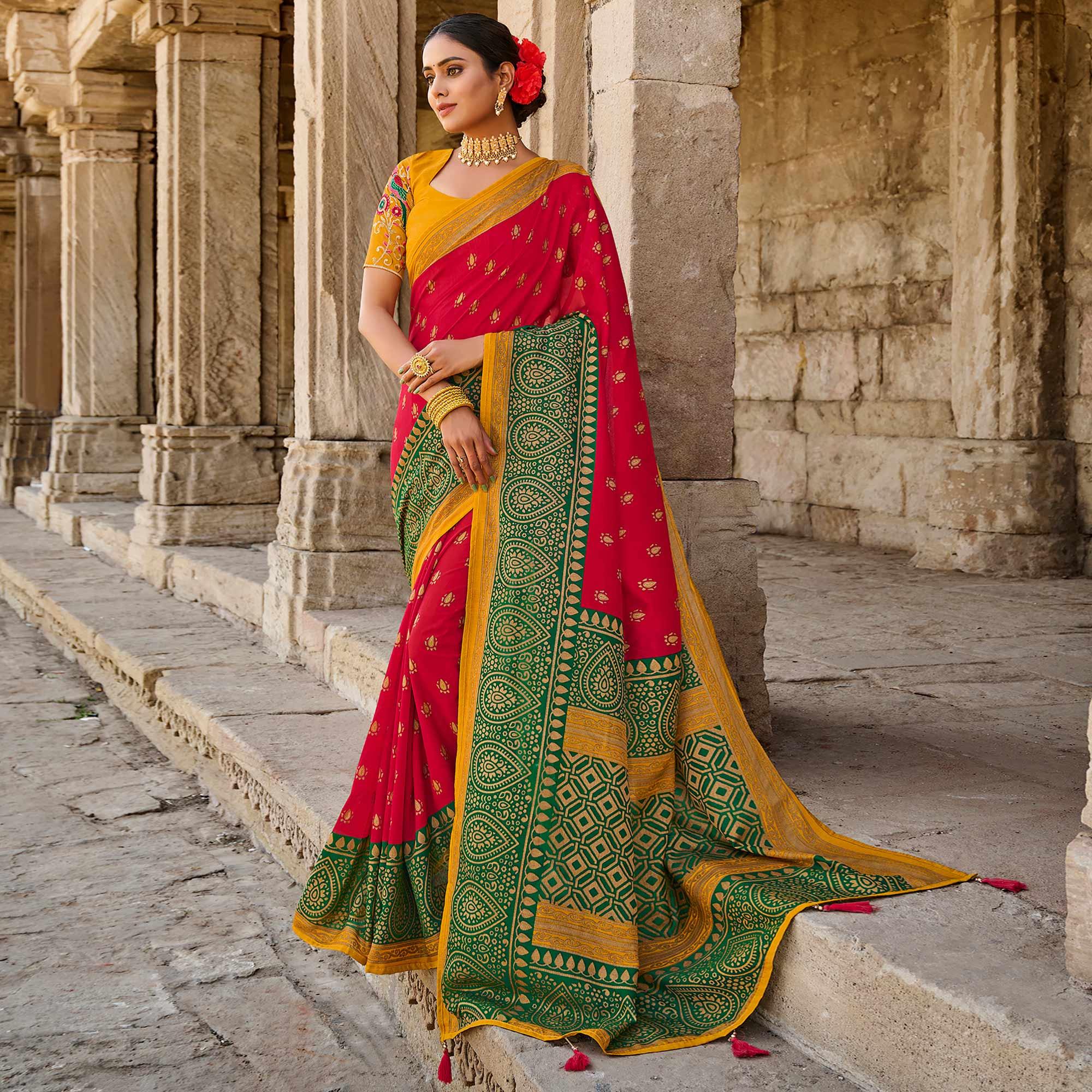 Red Printed Art Silk Saree With Tassels - Peachmode