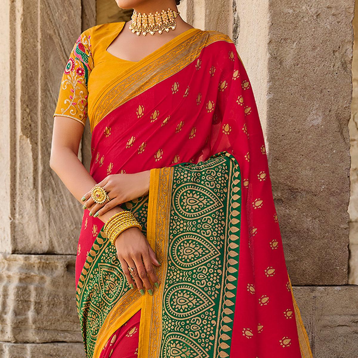 Red Printed Art Silk Saree With Tassels - Peachmode