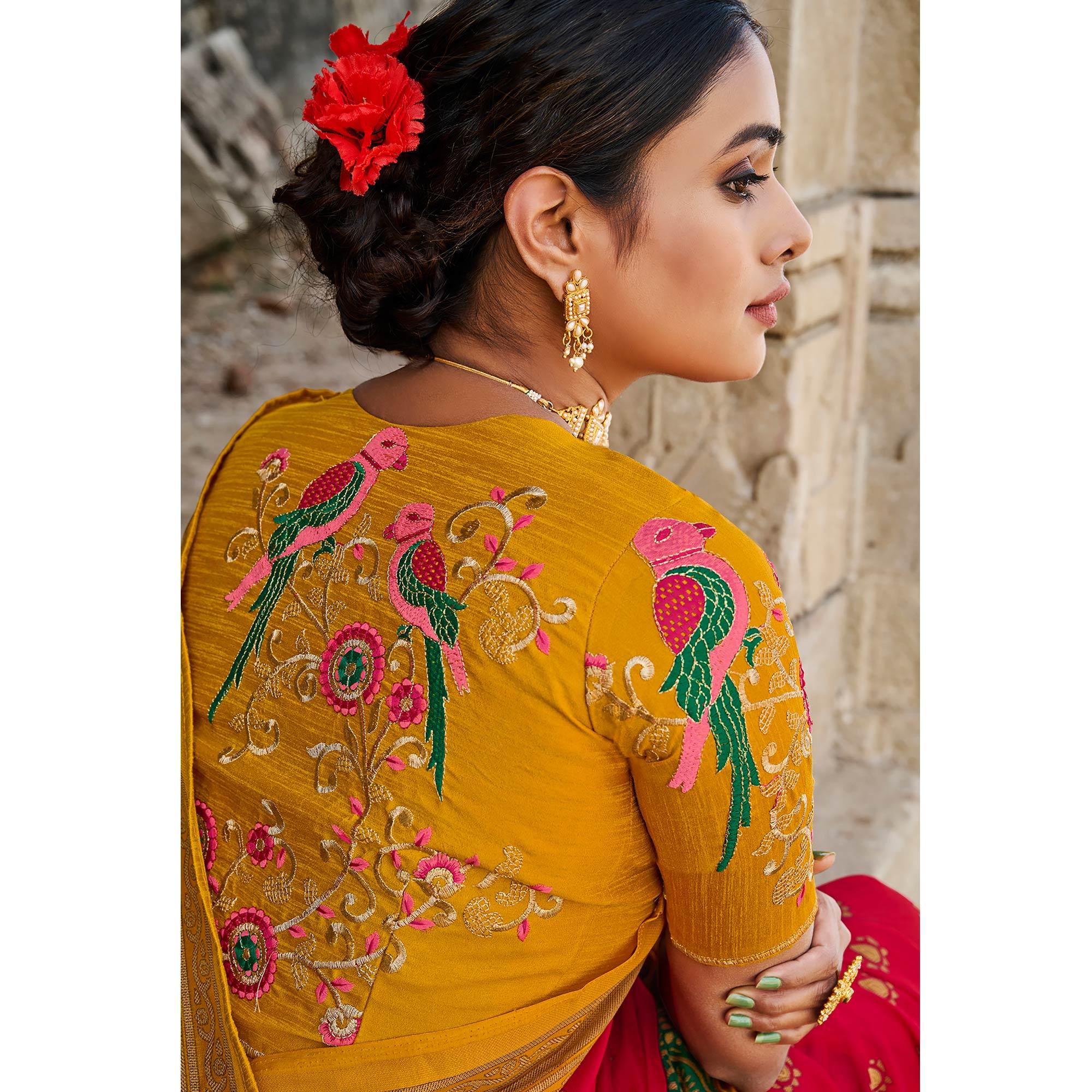Red Printed Art Silk Saree With Tassels - Peachmode