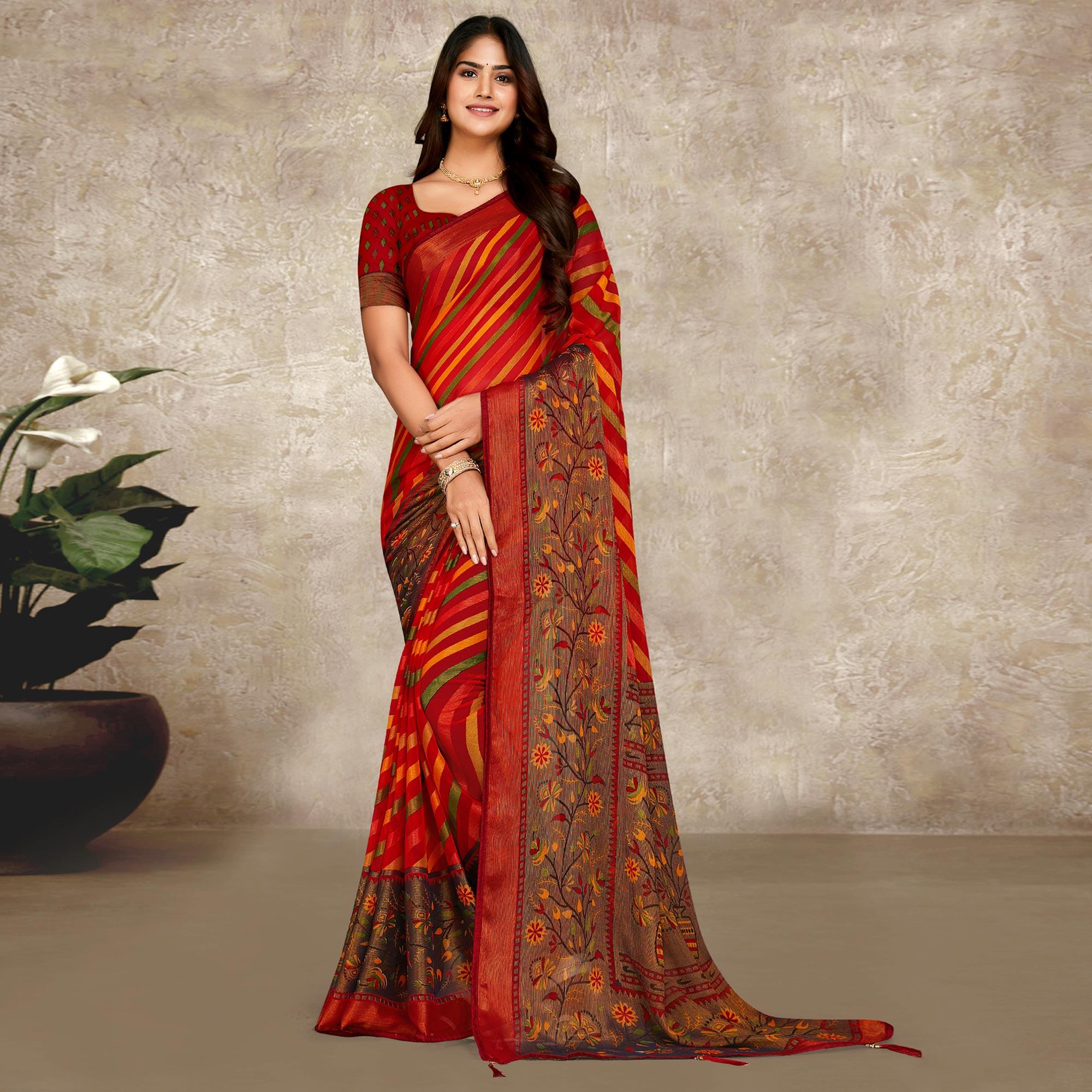 Red Printed Brasso Saree With Tassels - Peachmode