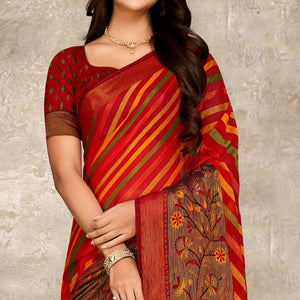 Red Printed Brasso Saree With Tassels - Peachmode