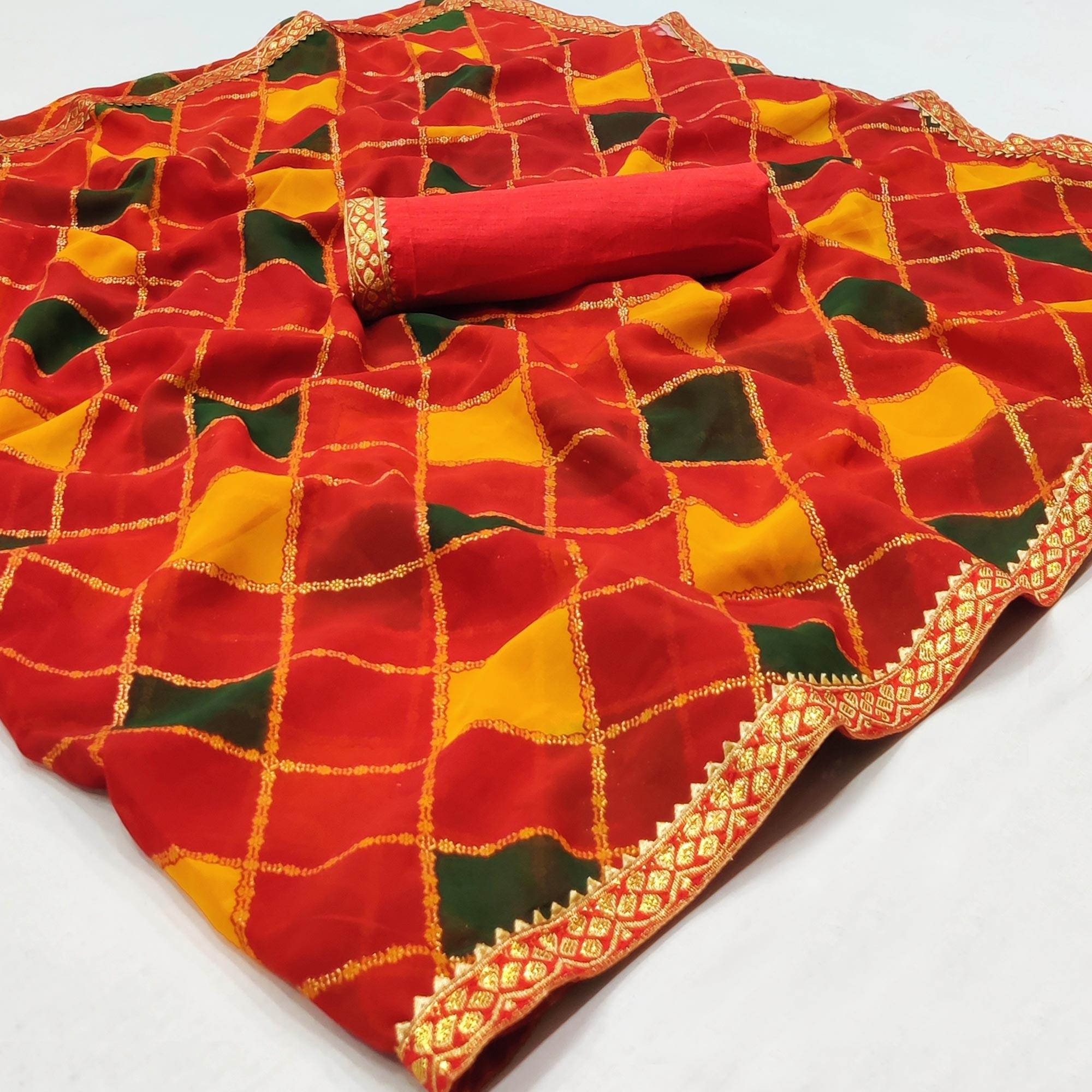 Red Printed Chiffon Saree - Peachmode