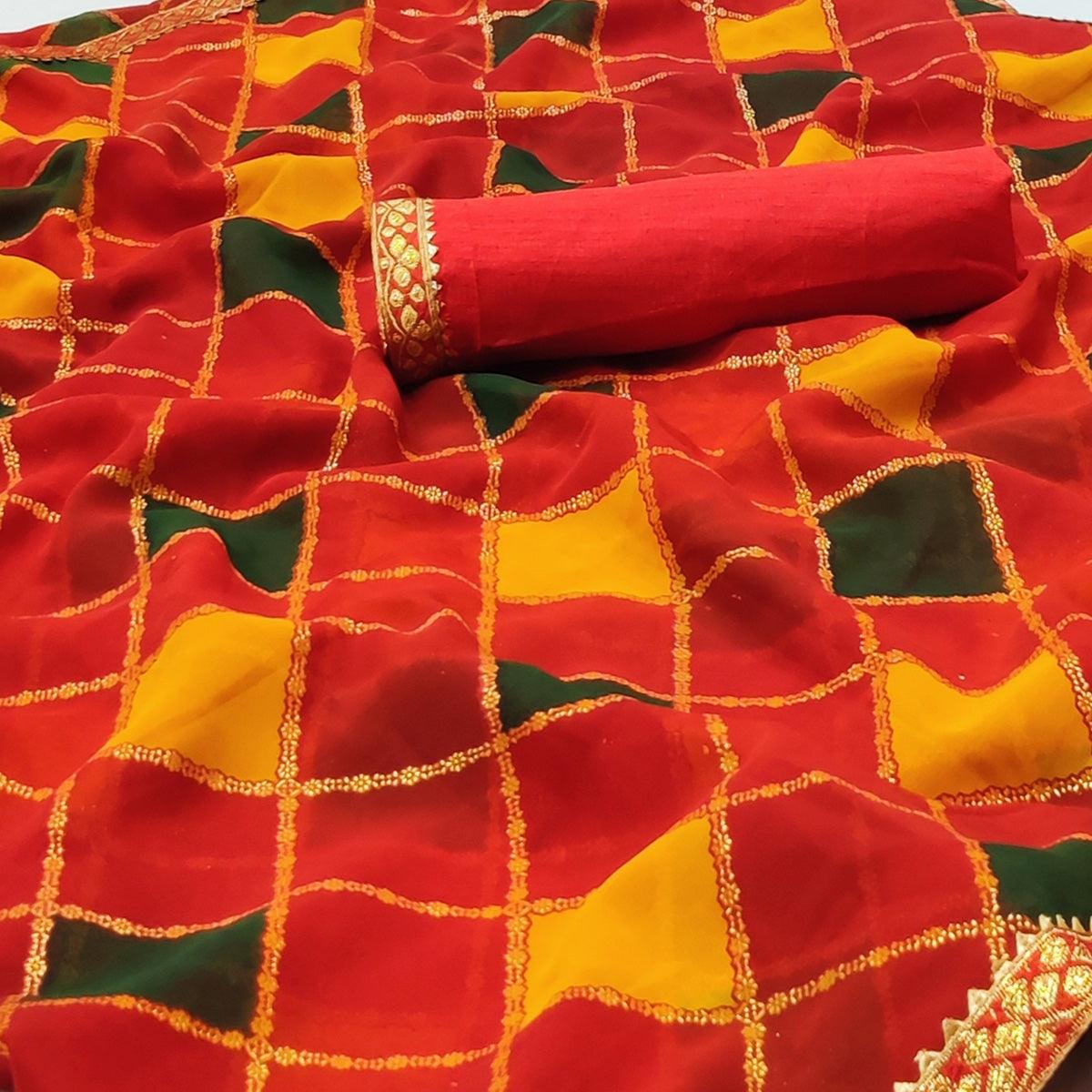 Red Printed Chiffon Saree - Peachmode