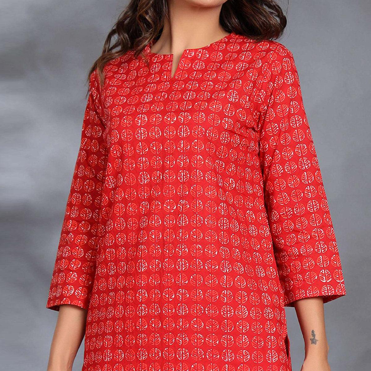 Red Printed Cotton Night Suit - Peachmode